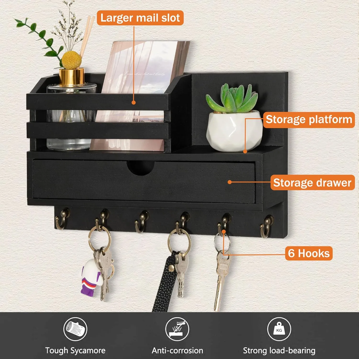 Key and Mail Holder for Wall, Mail Organizer Wall Mount with 6 Hooks and Storage Drawer, Wooden Key Rack Hanger with Shelf for Entryway and Home Decor