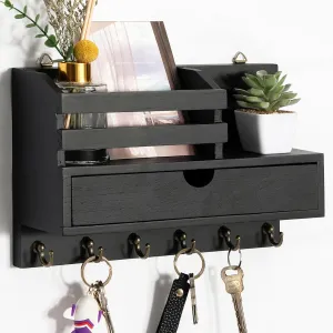 Key and Mail Holder for Wall, Mail Organizer Wall Mount with 6 Hooks and Storage Drawer, Wooden Key Rack Hanger with Shelf for Entryway and Home Decor