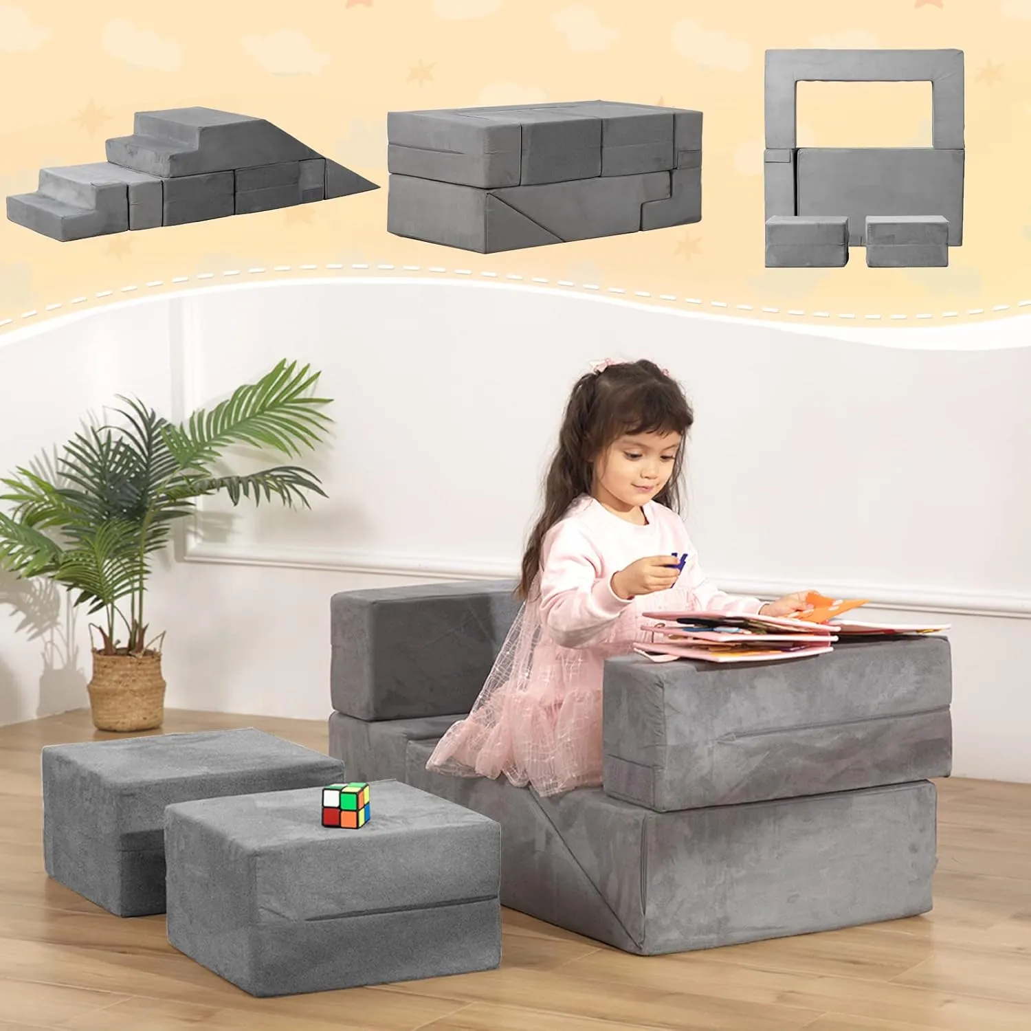 Kids Play Couch Foam Climbing Blocks for Toddlers Sofa Convertible Climbing Toy for Creative Child Girls and Boys Climber Playroom Furniture (Grey)