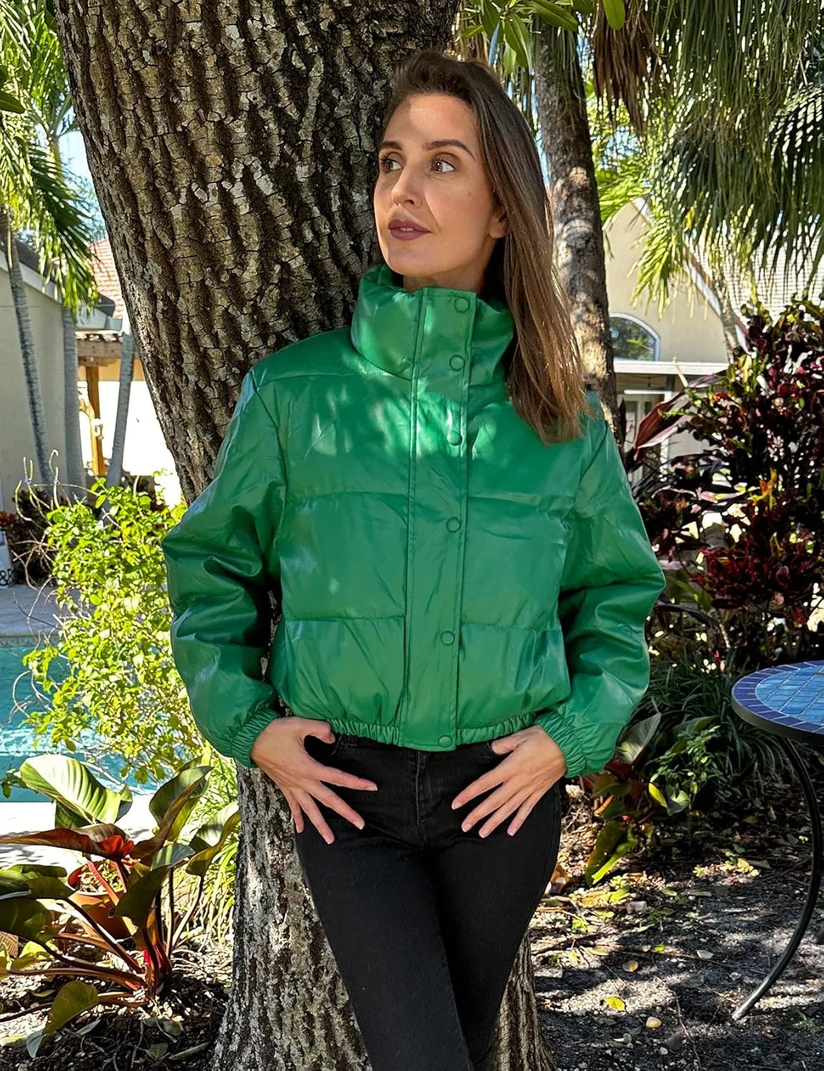 Kissonic Women's Cropped Quilted Puffer Jacket Winter Faux Leather Padded Parka Coat