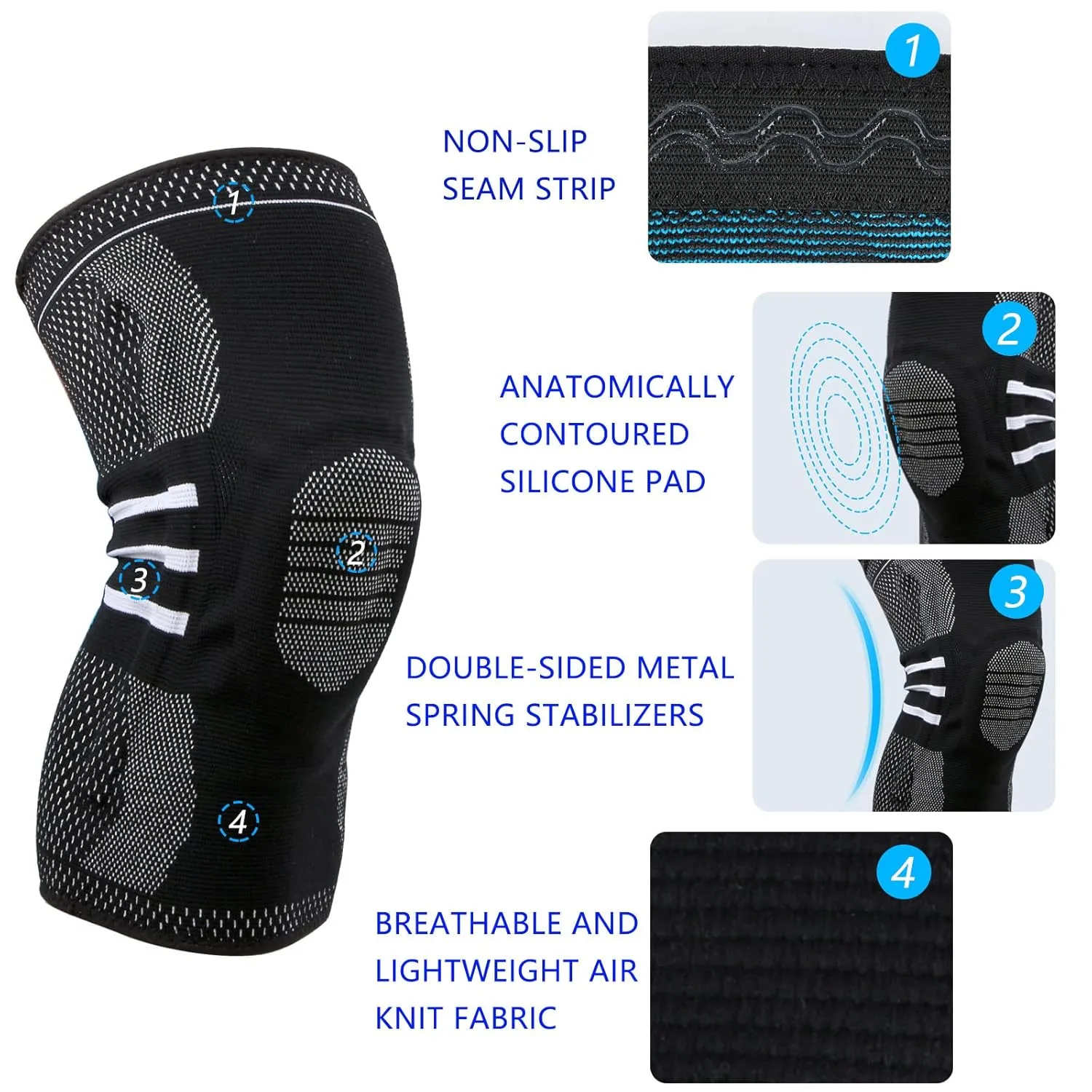 Knee Brace with Patella Silicone Pads and Side Stabilizers, Compression Sleeve Support Kneepads for Running, Meniscus Tear, Arthritis, Joint Pain Relief, Sport(Black/White, Size L)
