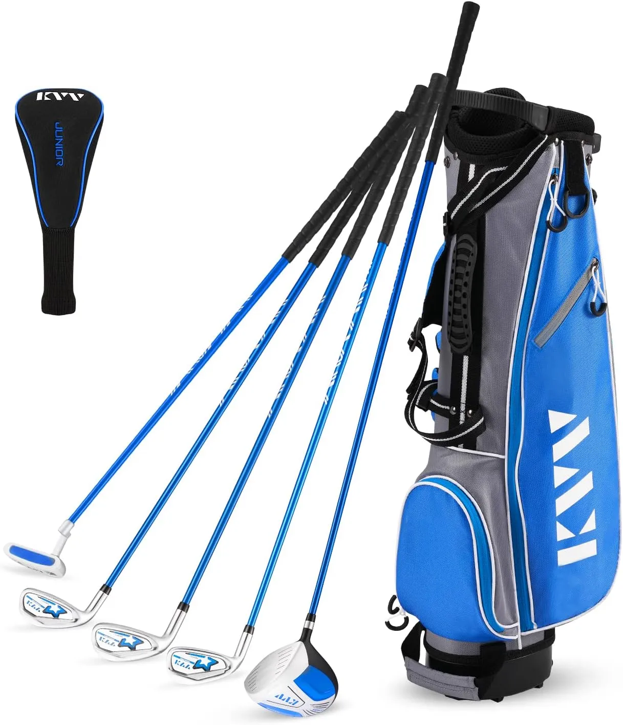KVV Junior Complete Golf Club Set for Kids/Children Right Hand, Includes Oversize Driver, Irons, Putter, Head Cover, Portable Golf Stand Bag