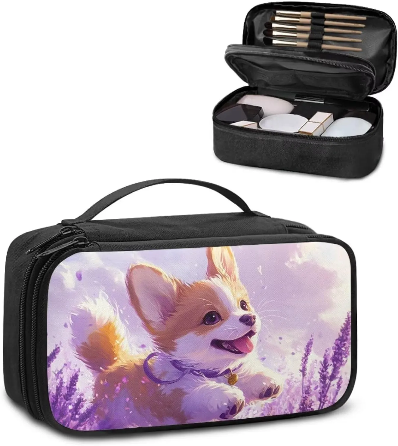 Large Capacity Purple Corgi Travel Makeup Bag Organizer for Women 9.5x3.5x5.5 Inch Lightweight Cosmetic Case with Brush Slots Mesh Pockets Top Handle