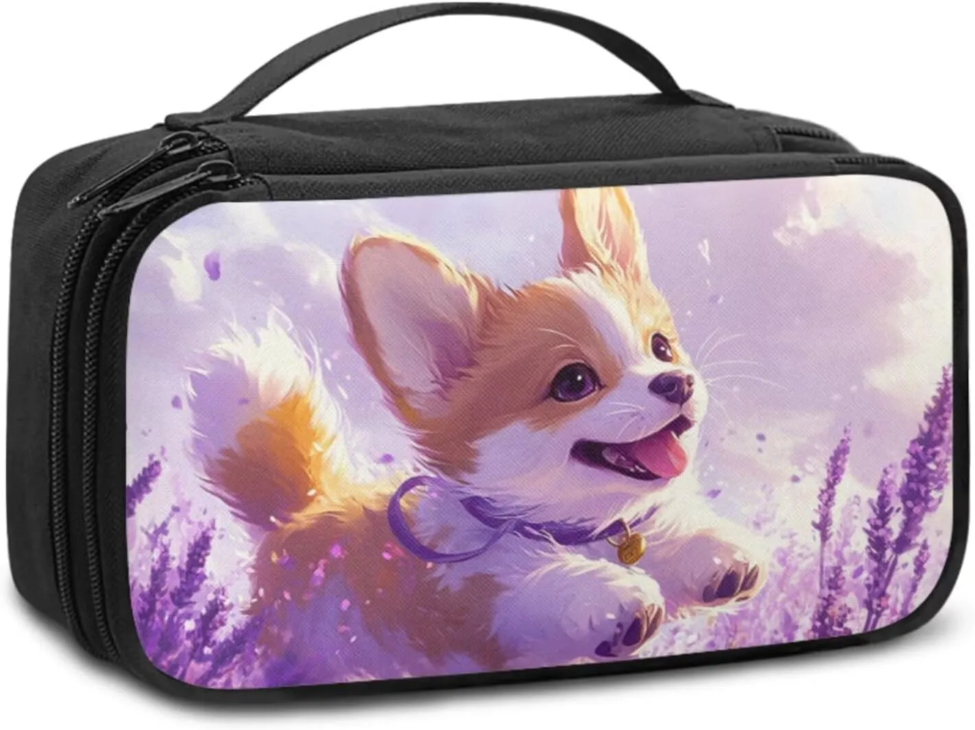 Large Capacity Purple Corgi Travel Makeup Bag Organizer for Women 9.5x3.5x5.5 Inch Lightweight Cosmetic Case with Brush Slots Mesh Pockets Top Handle
