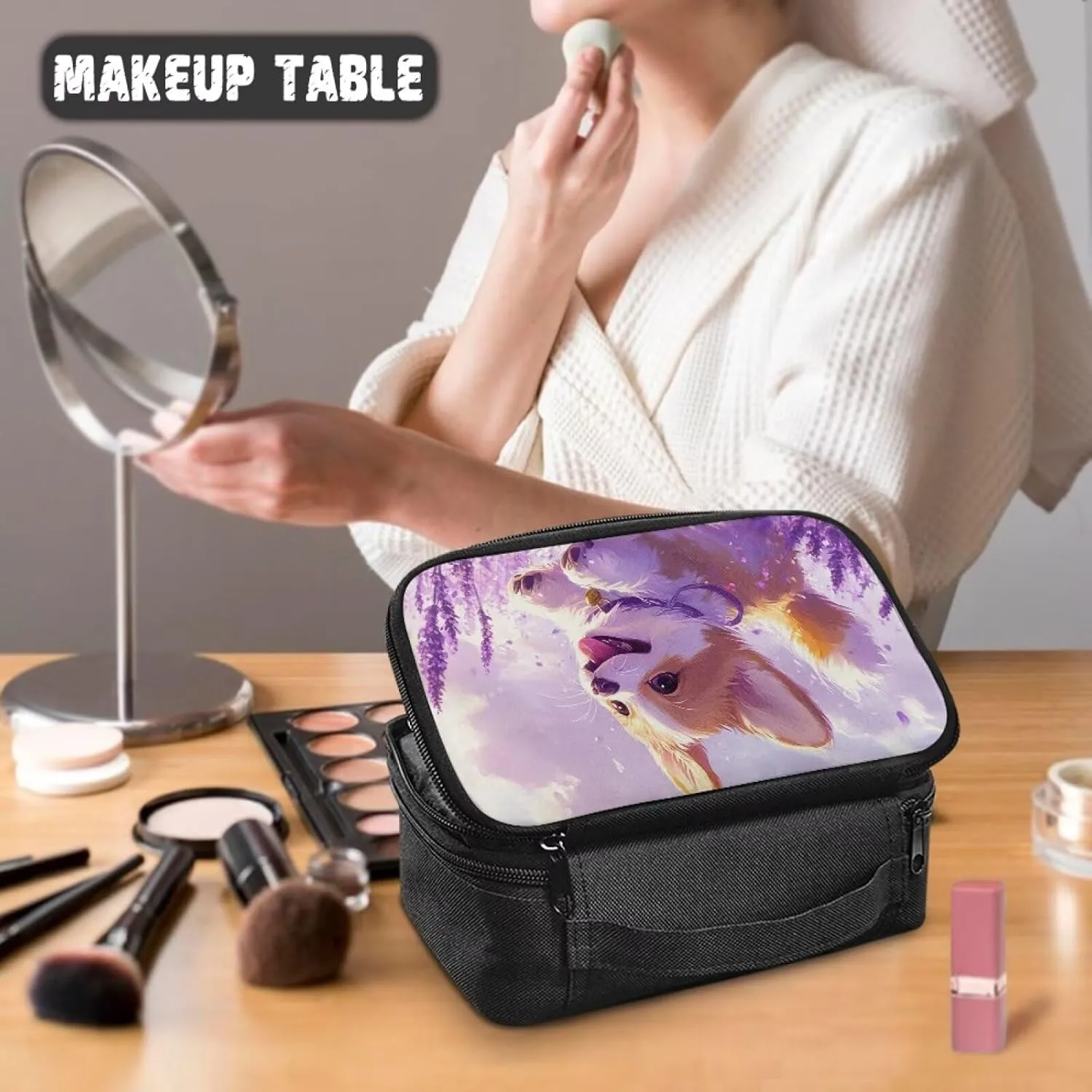 Large Capacity Purple Corgi Travel Makeup Bag Organizer for Women 9.5x3.5x5.5 Inch Lightweight Cosmetic Case with Brush Slots Mesh Pockets Top Handle