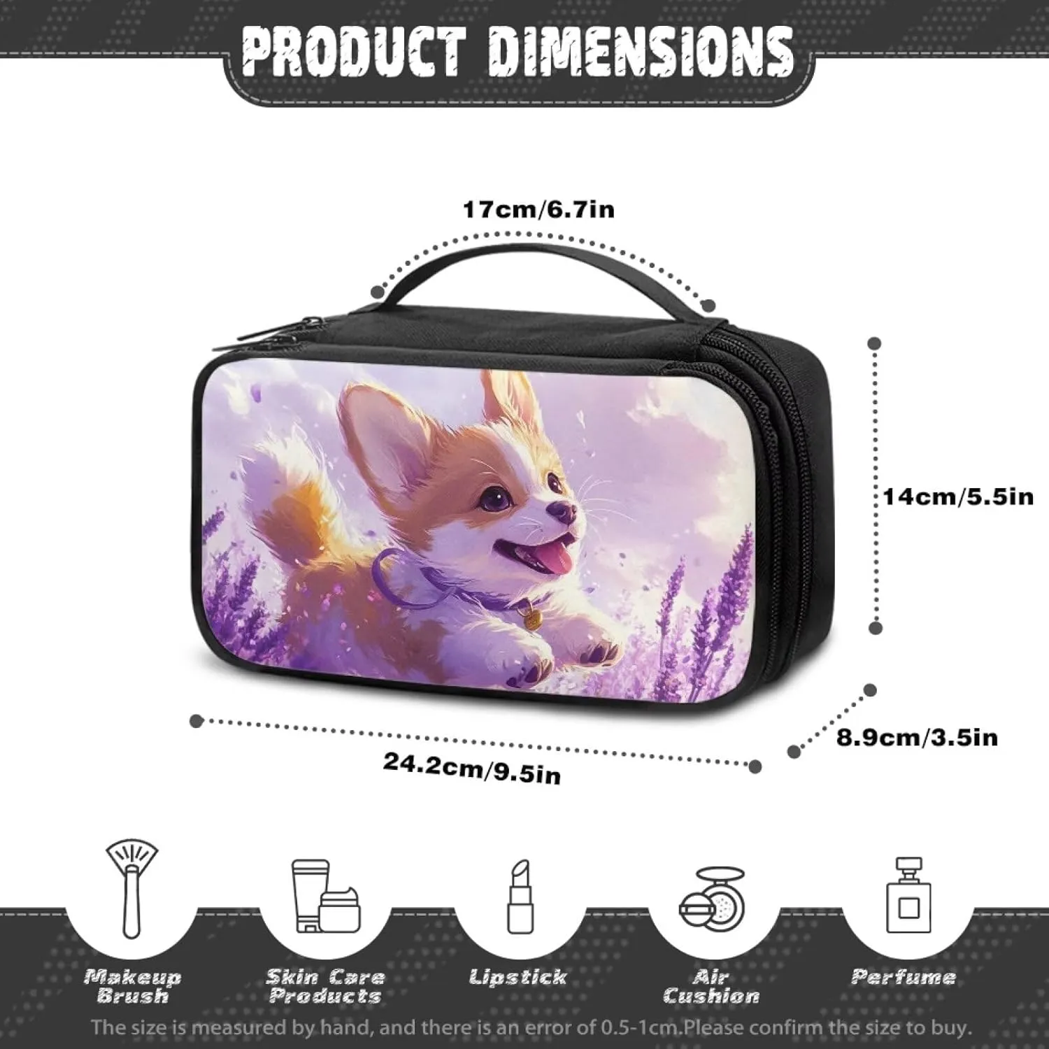 Large Capacity Purple Corgi Travel Makeup Bag Organizer for Women 9.5x3.5x5.5 Inch Lightweight Cosmetic Case with Brush Slots Mesh Pockets Top Handle