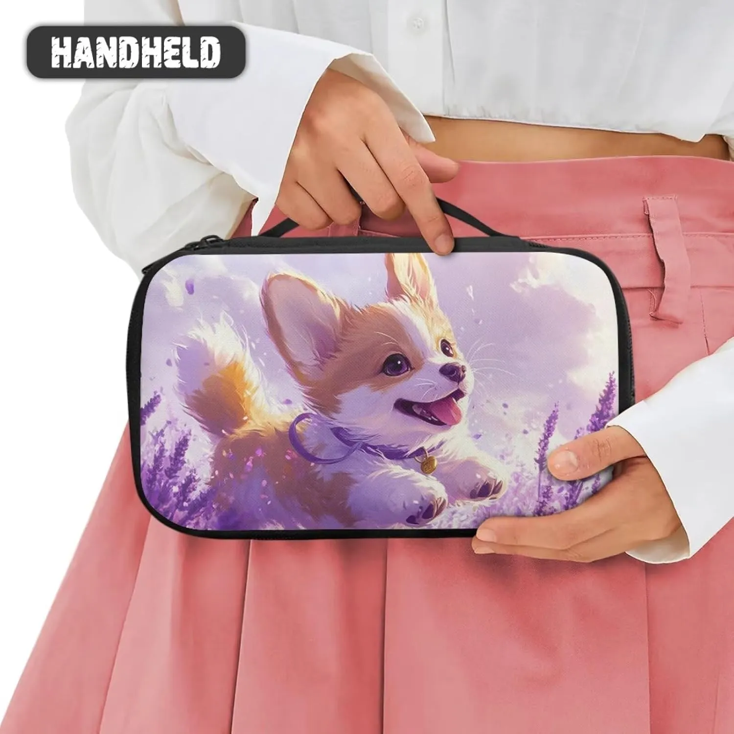 Large Capacity Purple Corgi Travel Makeup Bag Organizer for Women 9.5x3.5x5.5 Inch Lightweight Cosmetic Case with Brush Slots Mesh Pockets Top Handle