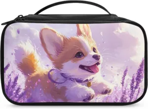 Large Capacity Purple Corgi Travel Makeup Bag Organizer for Women 9.5x3.5x5.5 Inch Lightweight Cosmetic Case with Brush Slots Mesh Pockets Top Handle