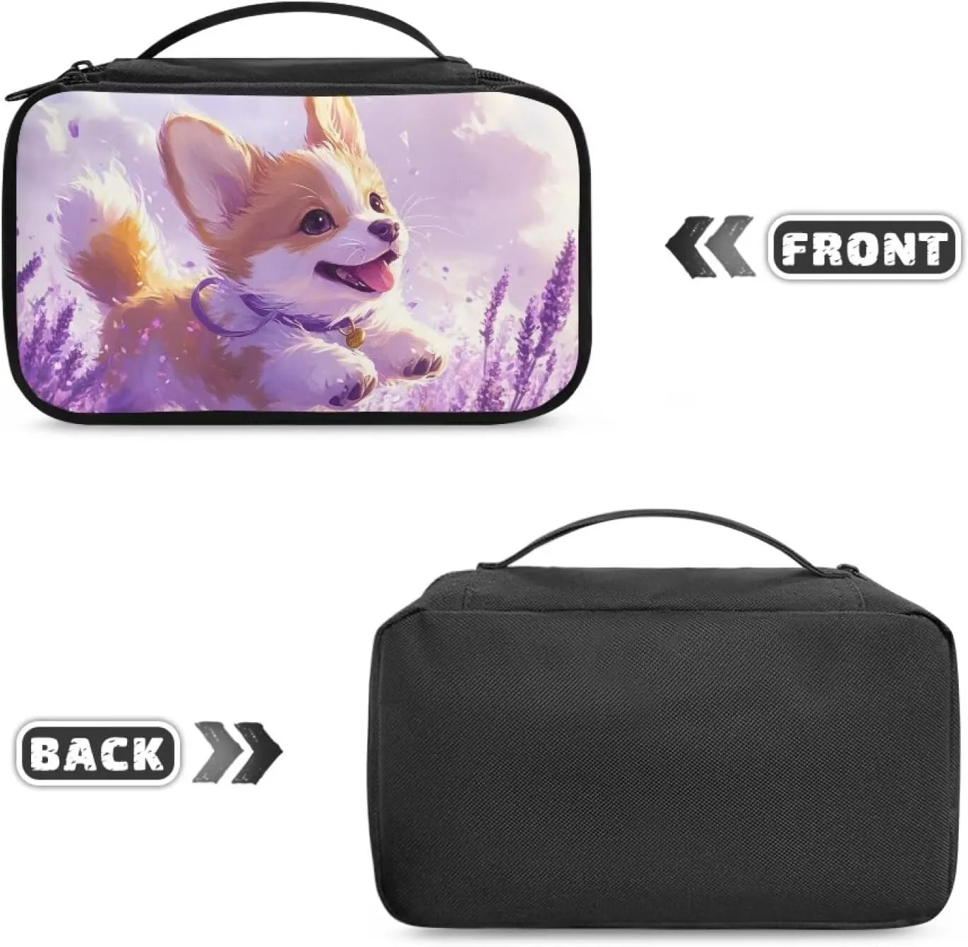 Large Capacity Purple Corgi Travel Makeup Bag Organizer for Women 9.5x3.5x5.5 Inch Lightweight Cosmetic Case with Brush Slots Mesh Pockets Top Handle