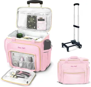 Large Rolling Tote with Detachable Wheels - Water Resistant Craft Storage Organizer, Work Bag on Wheels, Sewing Machine Case - Pink