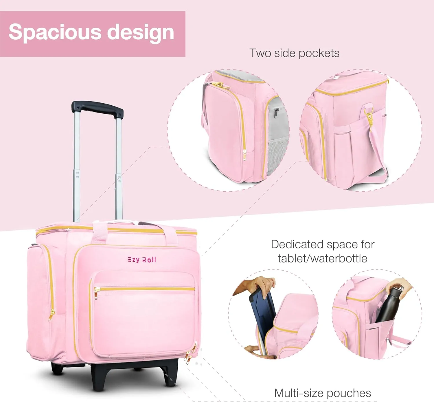 Large Rolling Tote with Detachable Wheels - Water Resistant Craft Storage Organizer, Work Bag on Wheels, Sewing Machine Case - Pink