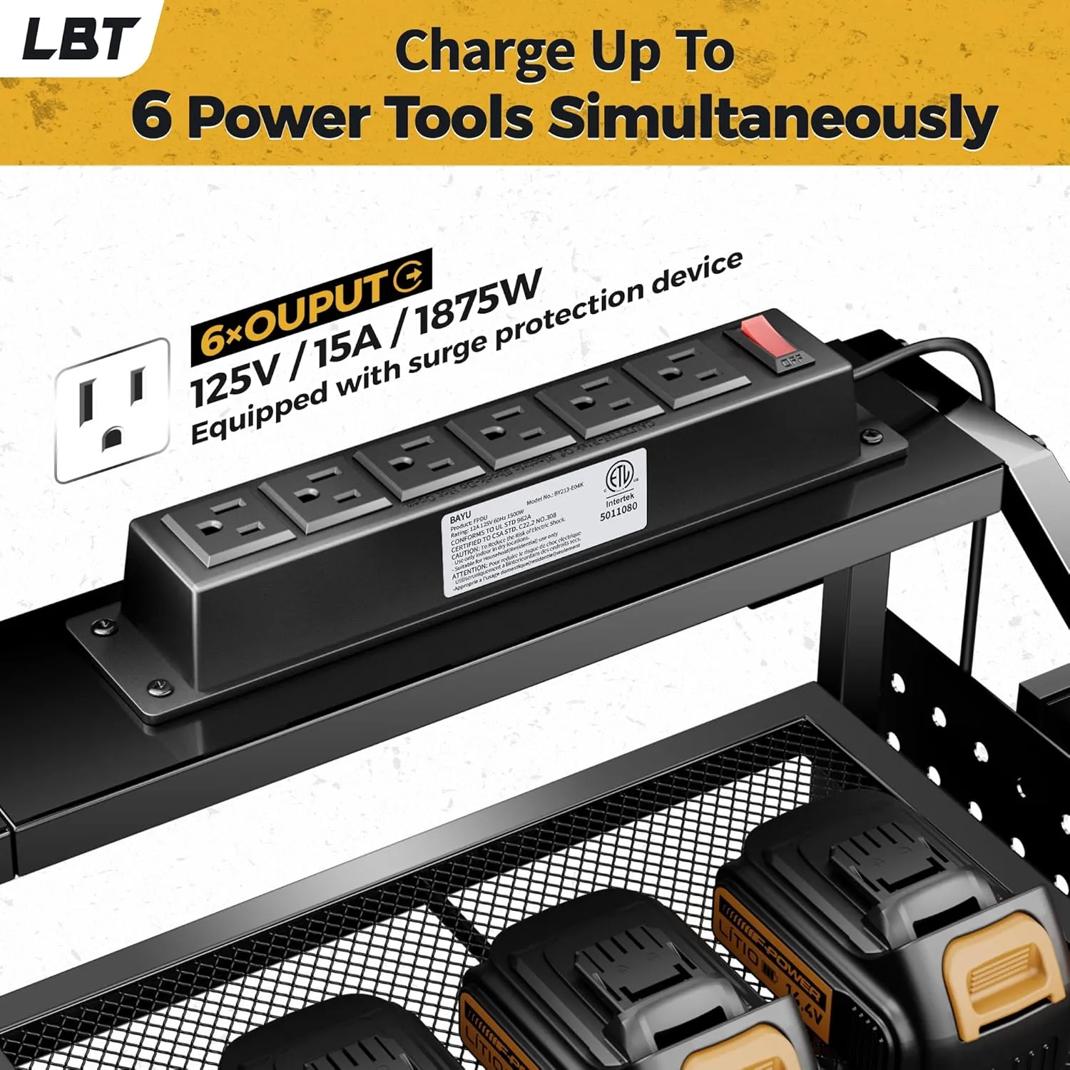 LBT Large Power Tool Organizer Wall Mount with Charging Station, 8 Drill Holder, 4 Layer Heavy Duty Metal Tool Storage Rack, 6 Power Strip, 8 Hooks, 2 Screw Boxes, Cool Gifts for him (Workshop/DIY)
