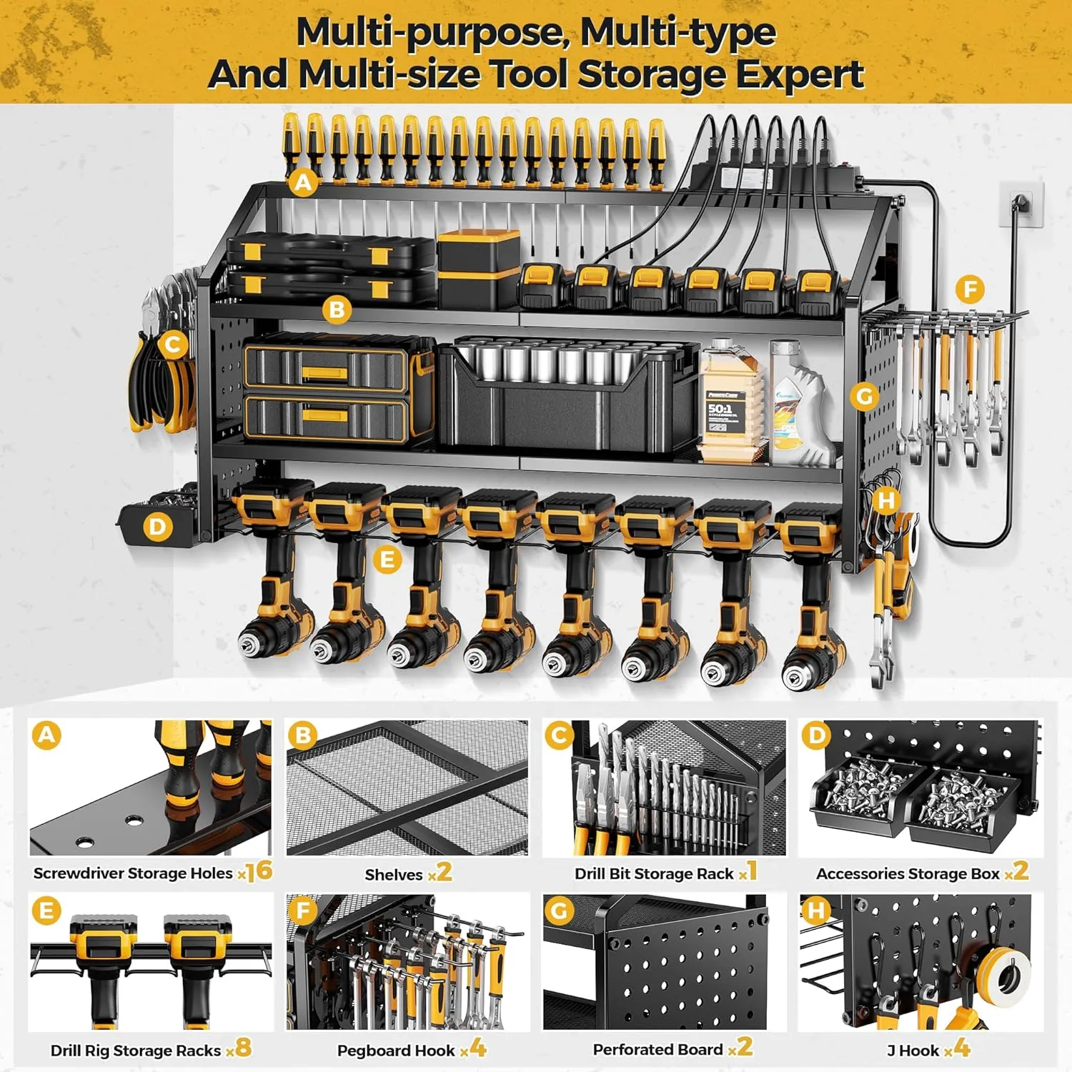 LBT Large Power Tool Organizer Wall Mount with Charging Station, 8 Drill Holder, 4 Layer Heavy Duty Metal Tool Storage Rack, 6 Power Strip, 8 Hooks, 2 Screw Boxes, Cool Gifts for him (Workshop/DIY)