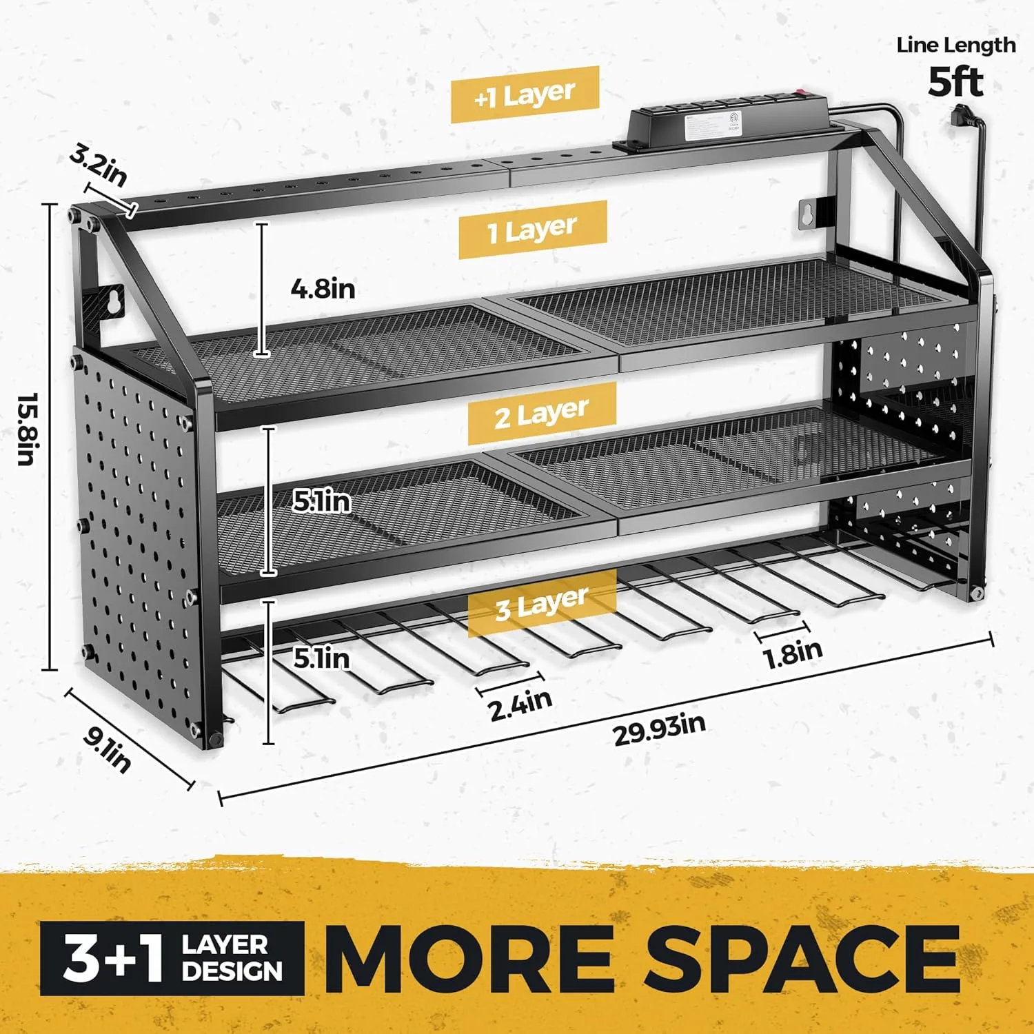 LBT Large Power Tool Organizer Wall Mount with Charging Station, 8 Drill Holder, 4 Layer Heavy Duty Metal Tool Storage Rack, 6 Power Strip, 8 Hooks, 2 Screw Boxes, Cool Gifts for him (Workshop/DIY)