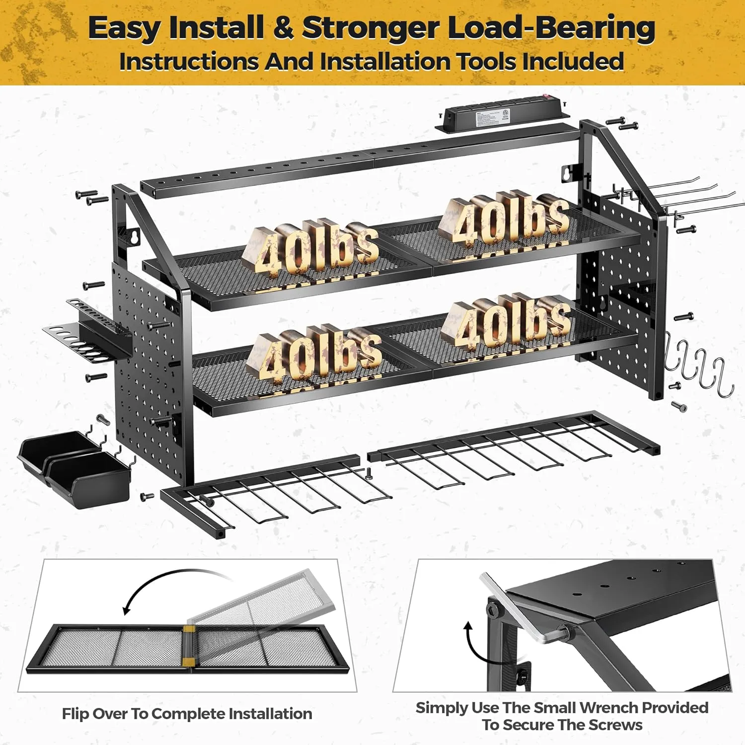 LBT Large Power Tool Organizer Wall Mount with Charging Station, 8 Drill Holder, 4 Layer Heavy Duty Metal Tool Storage Rack, 6 Power Strip, 8 Hooks, 2 Screw Boxes, Cool Gifts for him (Workshop/DIY)