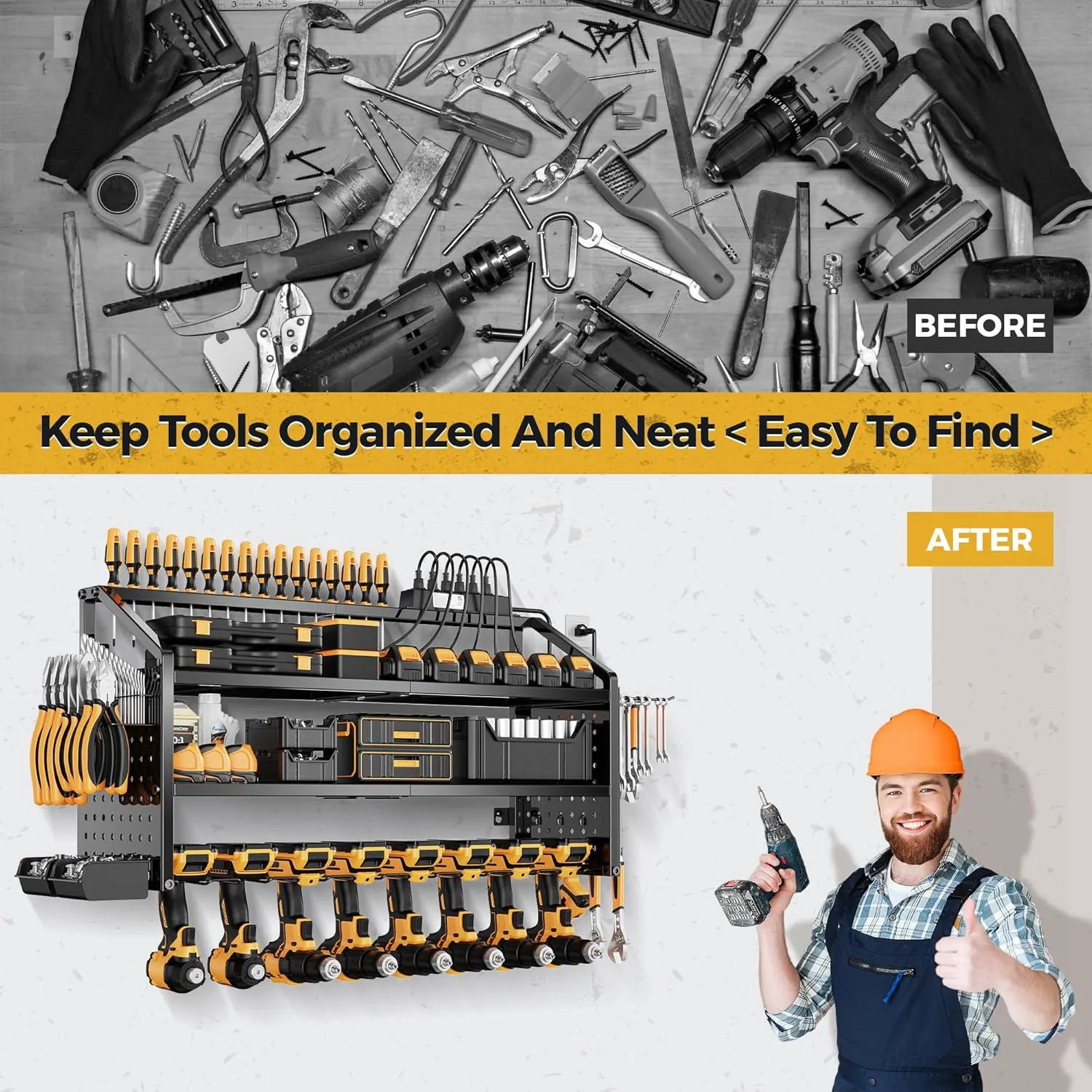 LBT Large Power Tool Organizer Wall Mount with Charging Station, 8 Drill Holder, 4 Layer Heavy Duty Metal Tool Storage Rack, 6 Power Strip, 8 Hooks, 2 Screw Boxes, Cool Gifts for him (Workshop/DIY)