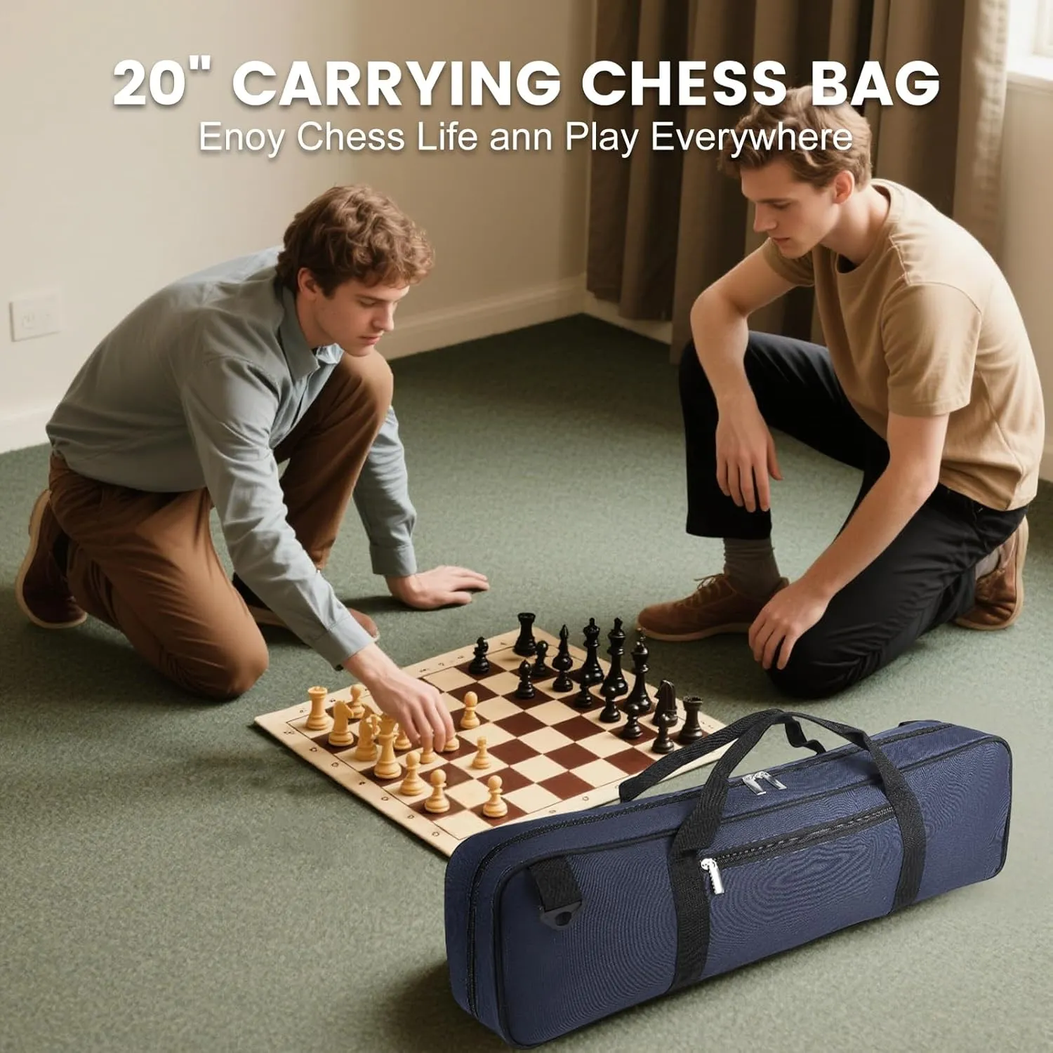 LEAP Chess Bag Only for Chess Sets Convenient Carrying Bag with Four Store Part for Roll-up Chess Board Chess Pieces Chess Clock, as Replacement of Chess Sets Great for Traveling or Camping (Blue)