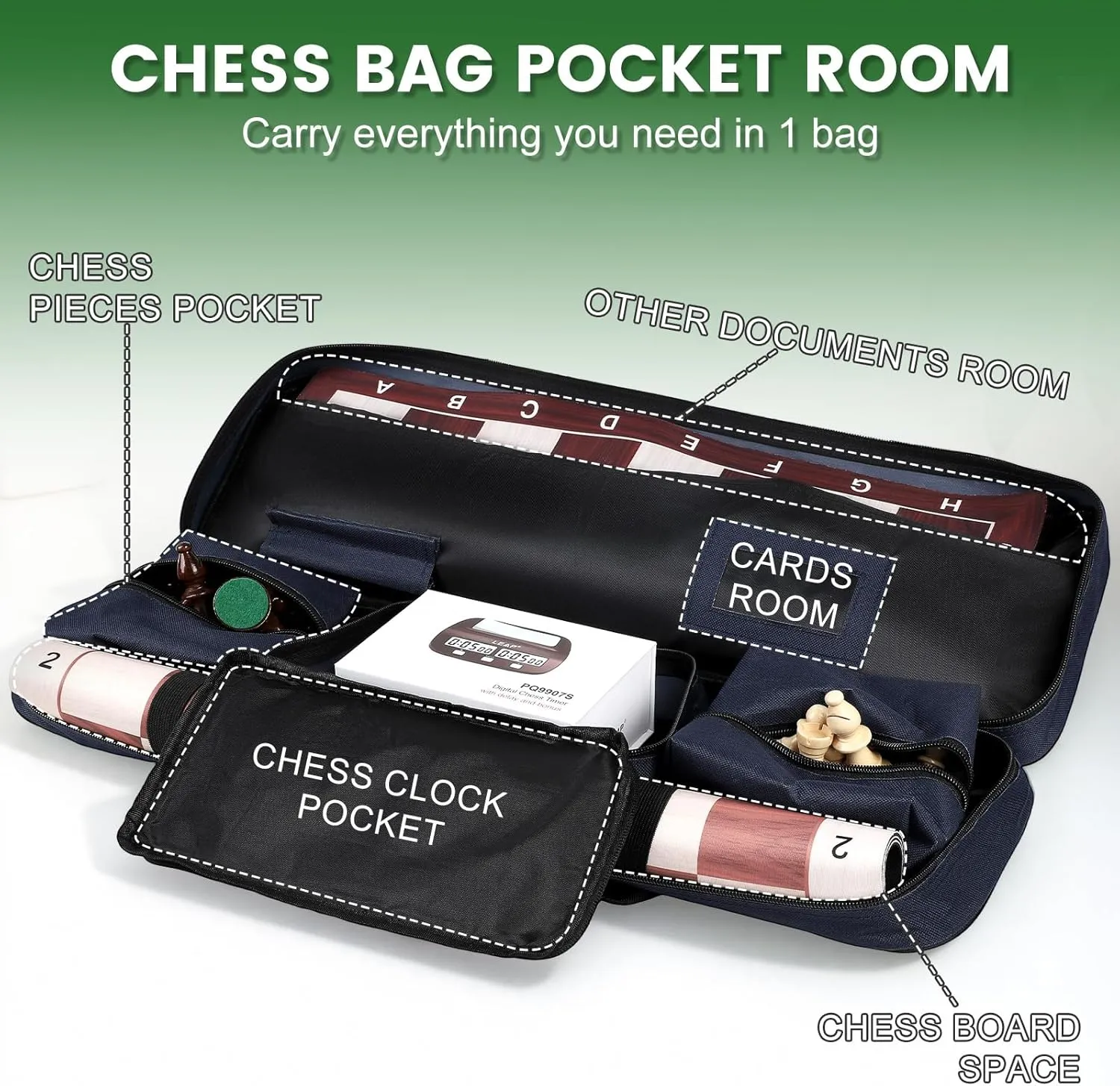 LEAP Chess Bag Only for Chess Sets Convenient Carrying Bag with Four Store Part for Roll-up Chess Board Chess Pieces Chess Clock, as Replacement of Chess Sets Great for Traveling or Camping (Blue)