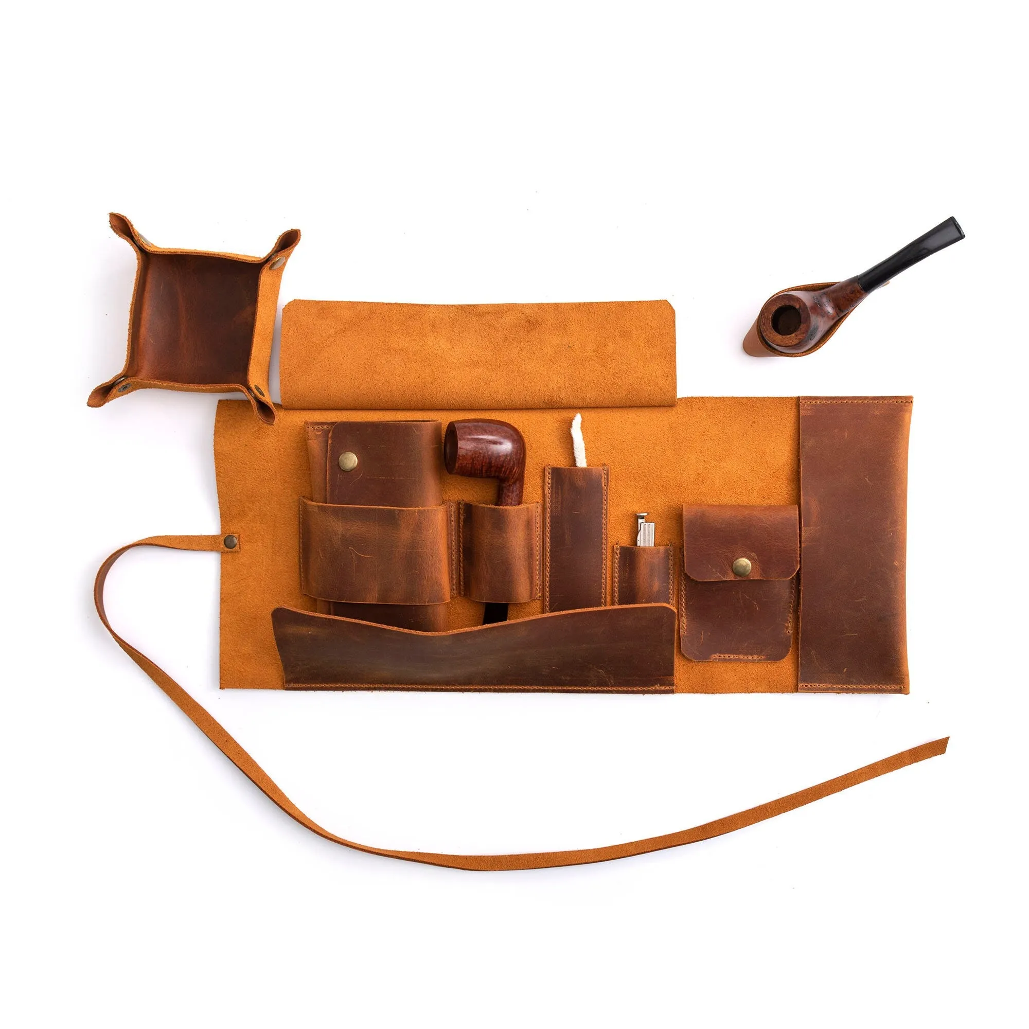 Leather Pipe Pouch for 1-Pipe, Handmade 1-Pipe Rollup Bag, Single-Pipe Rollup Pouch, Camel