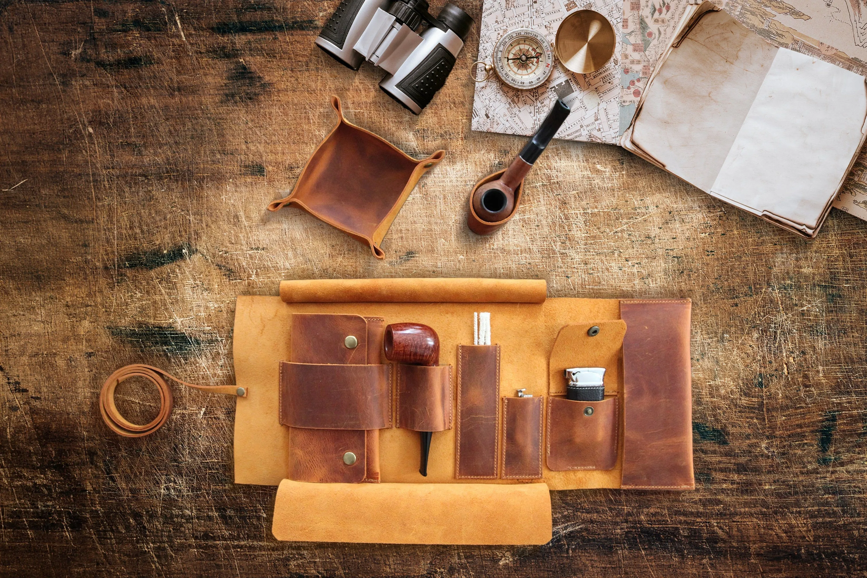 Leather Pipe Pouch for 1-Pipe, Handmade 1-Pipe Rollup Bag, Single-Pipe Rollup Pouch, Camel