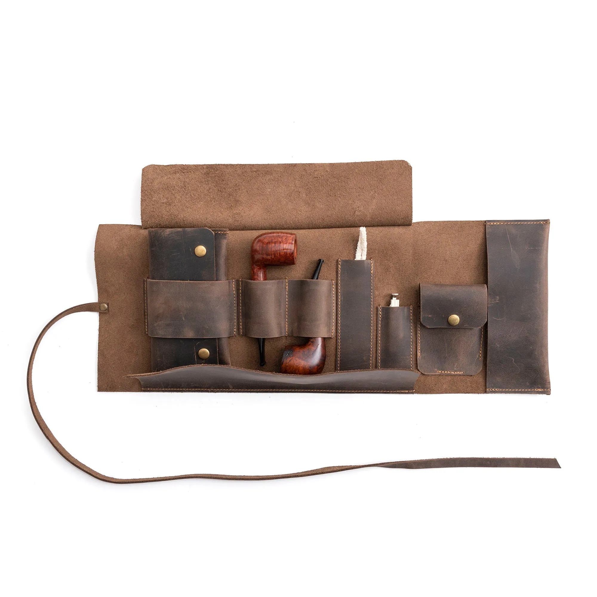 Leather Pipe Pouch for 2-Pipes, Handmade 2-Pipe Rollup Bag, Double-Pipe Rollup Pouch, Chestnut