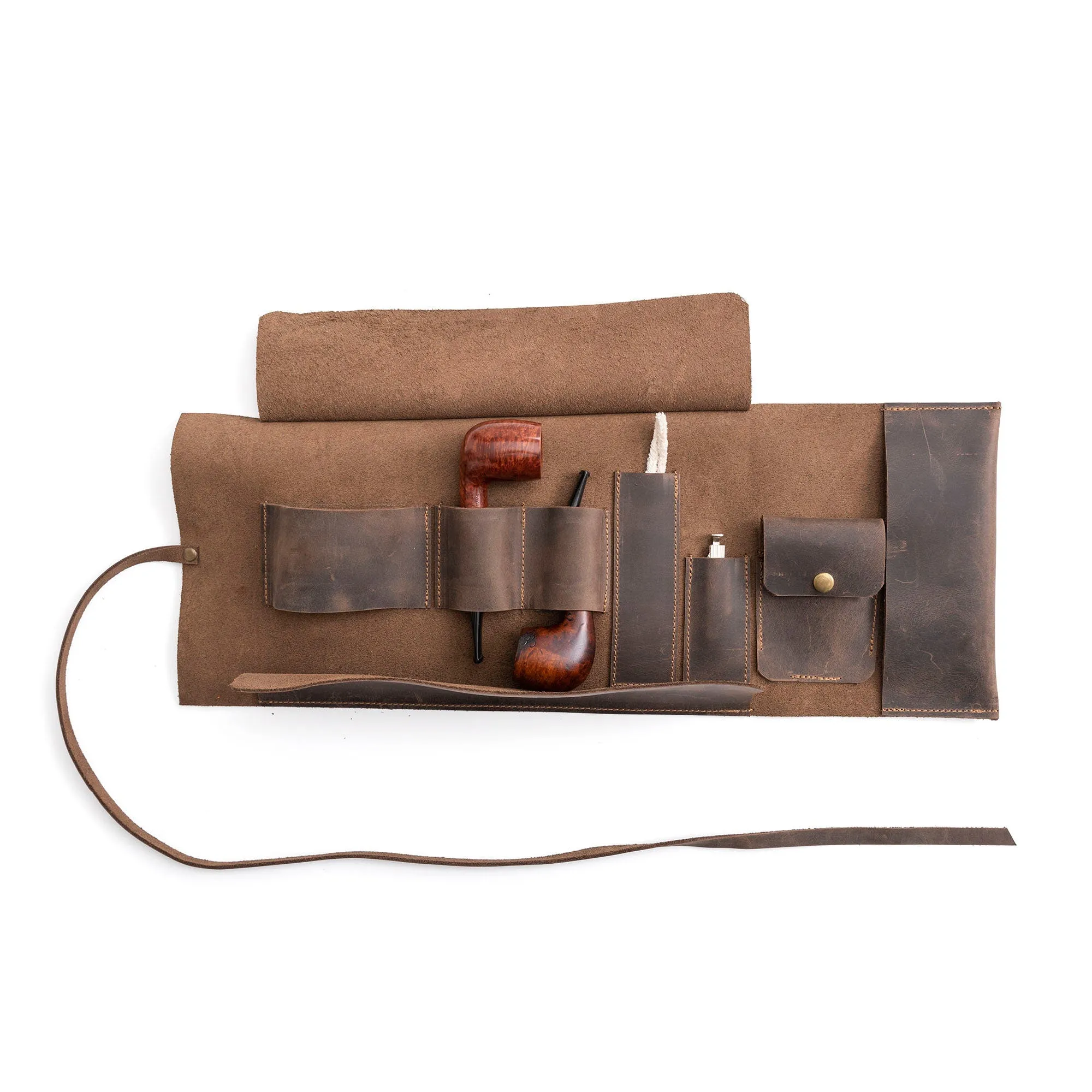 Leather Pipe Pouch for 2-Pipes, Handmade 2-Pipe Rollup Bag, Double-Pipe Rollup Pouch, Chestnut