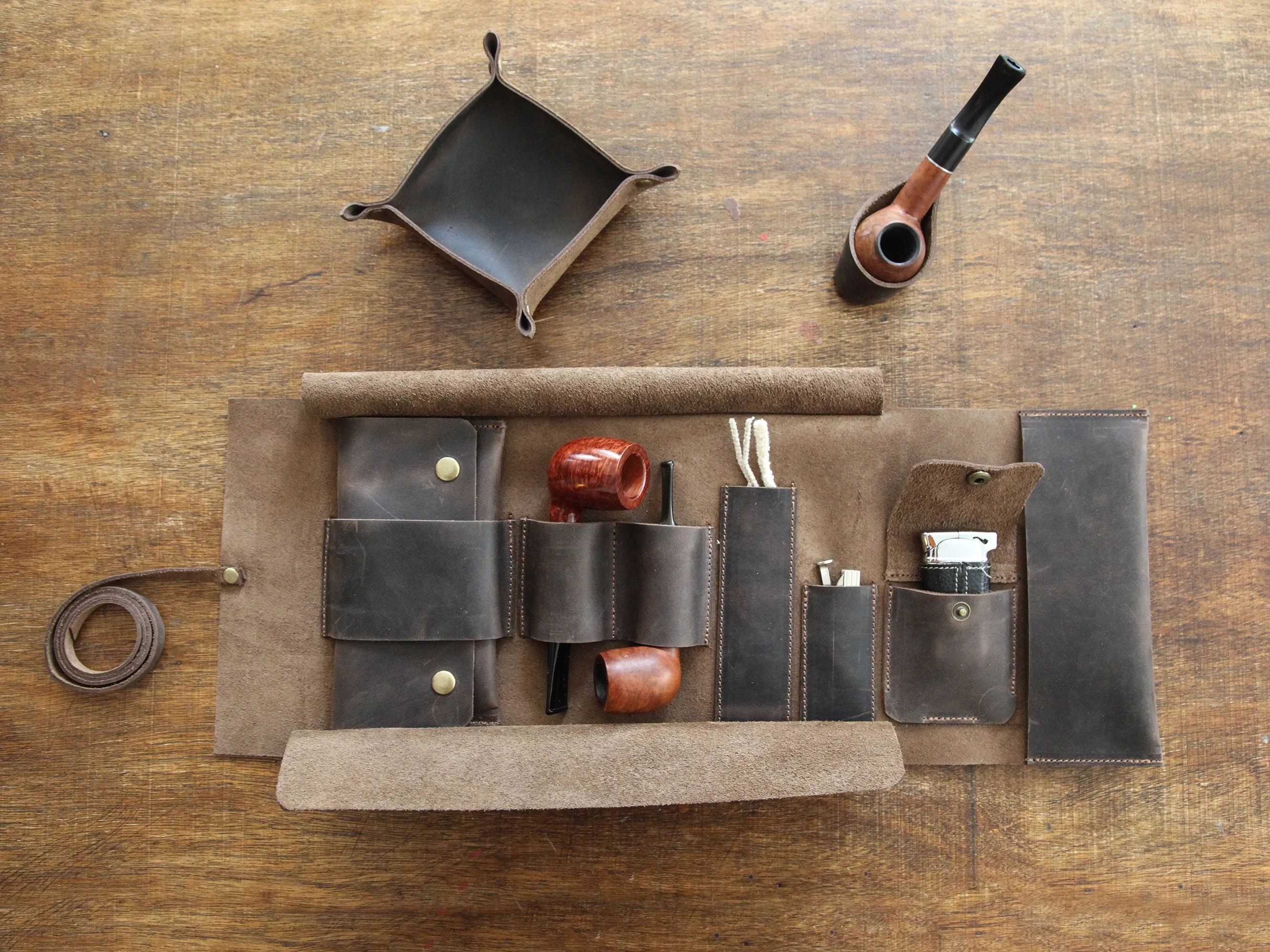 Leather Pipe Pouch for 2-Pipes, Handmade 2-Pipe Rollup Bag, Double-Pipe Rollup Pouch, Chestnut