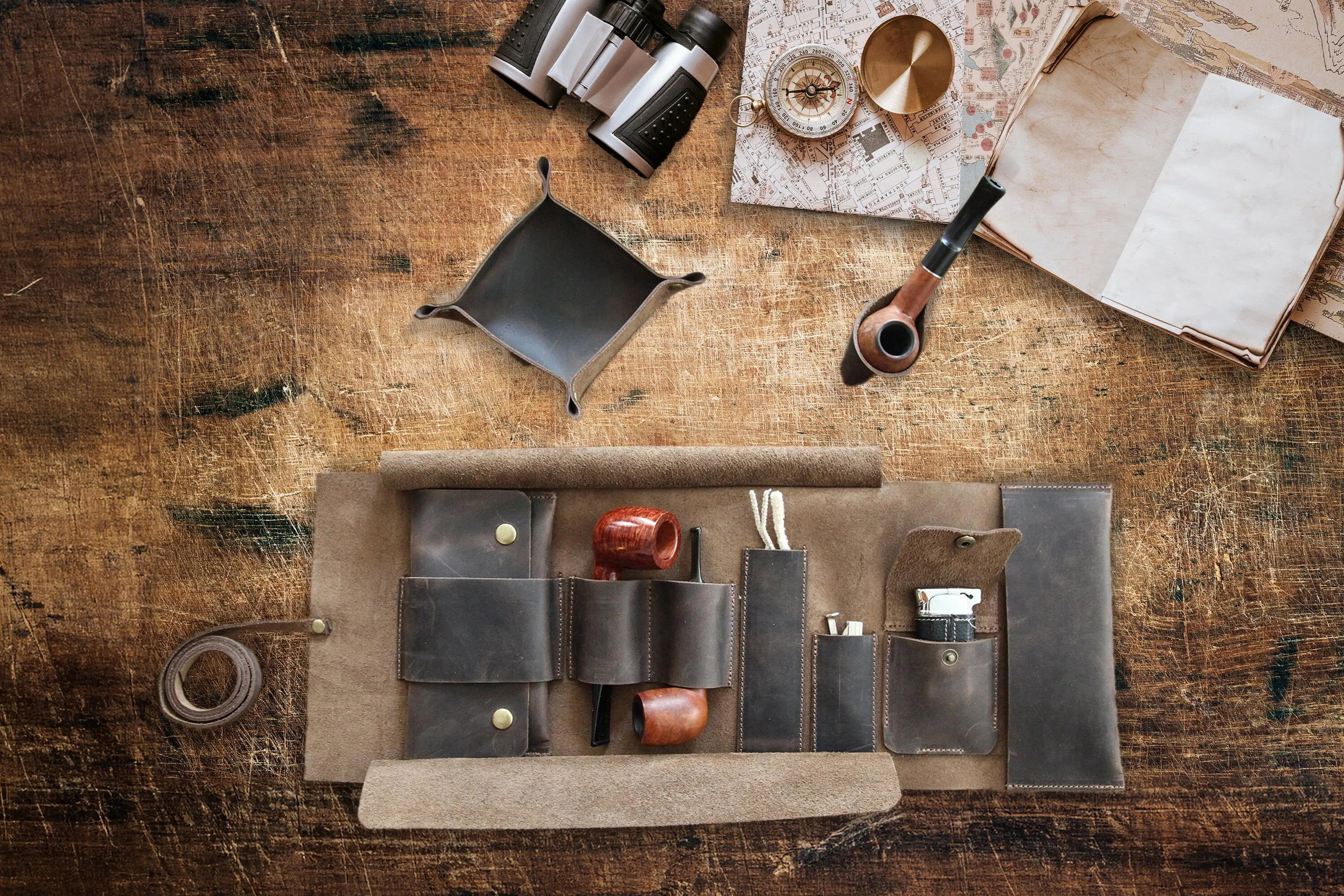 Leather Pipe Pouch for 2-Pipes, Handmade 2-Pipe Rollup Bag, Double-Pipe Rollup Pouch, Chestnut