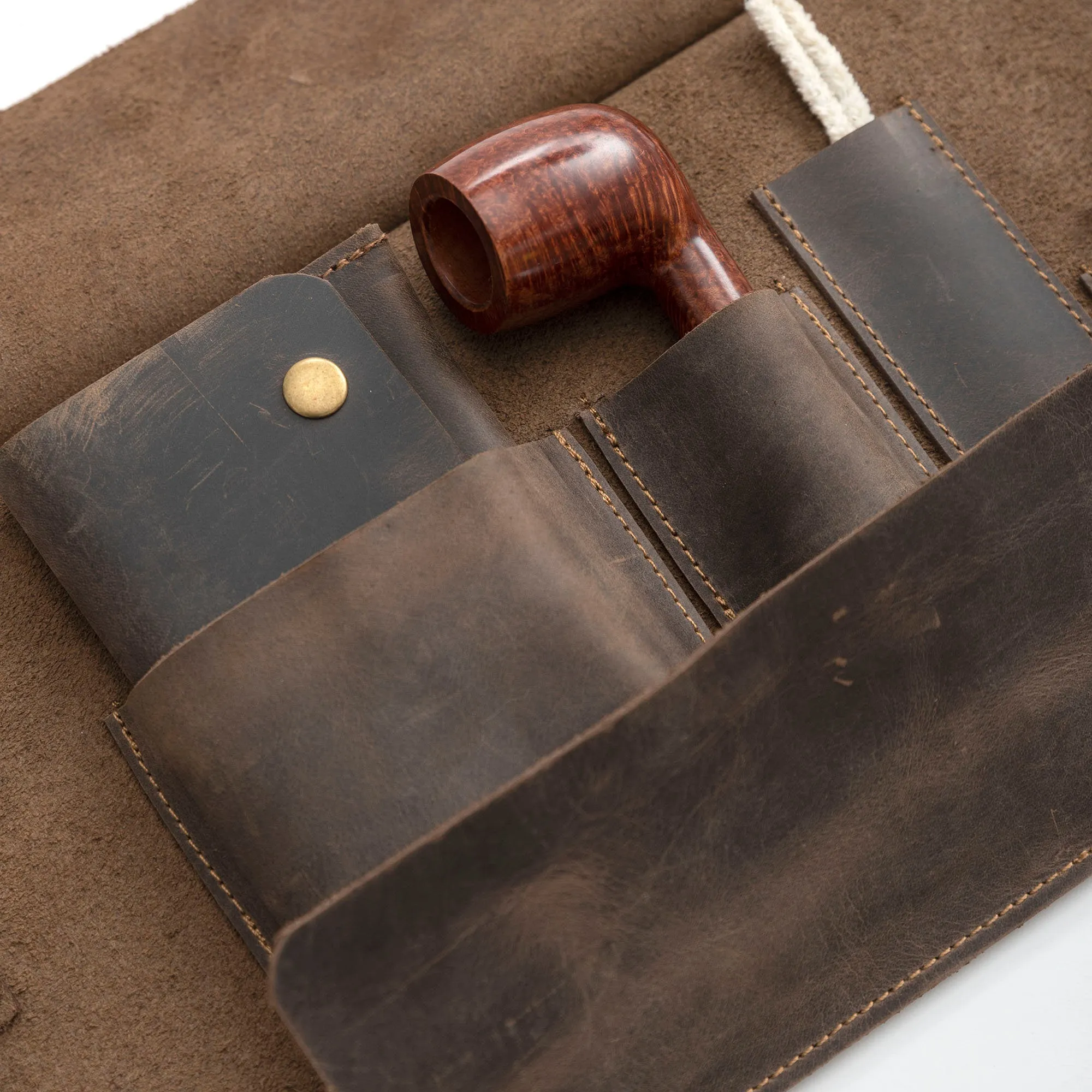 Leather Pipe Pouch for 2-Pipes, Handmade 2-Pipe Rollup Bag, Double-Pipe Rollup Pouch, Chestnut