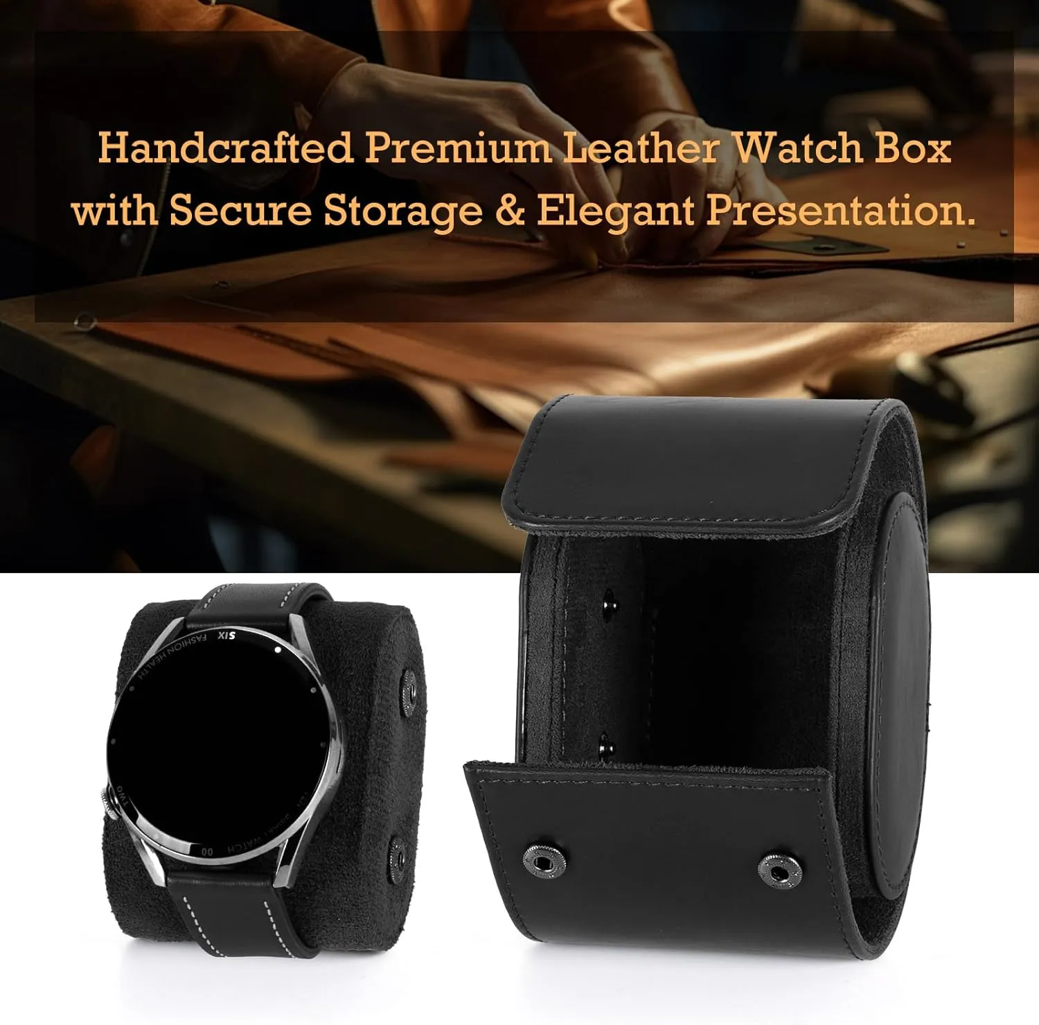 Leather Single Watch Box, Vintage Watch Roll Travel Case for Men and Women, Black
