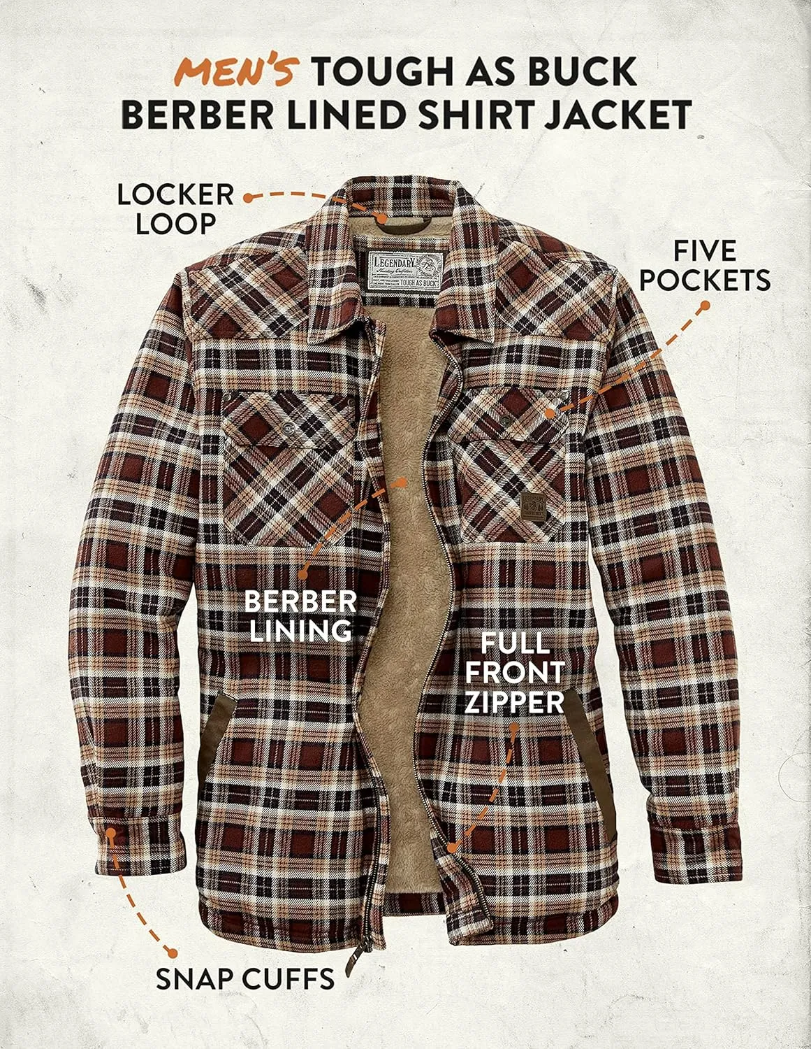 Legendary Whitetails Men's Tough as Buck Sherpa Lined Flannel Shirt Jacket