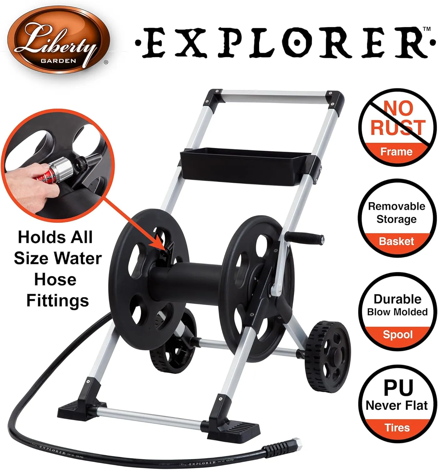 Liberty Garden 304 Explorer Two Wheel Hose Reel Cart, Aluminum, Holds 250-feet of 5/8" Hose