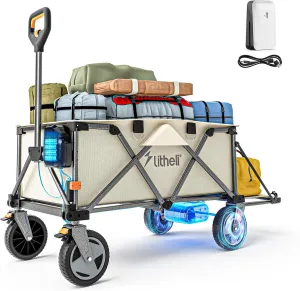 Litheli Electric Utility Wagon Cart, 200L Capacity, 300 lbs Load, Foldable Heavy-Duty Design with All-Terrain Wheels, Variable Speed Drive & Battery Power for Camping, Beach, Garden & Shopping