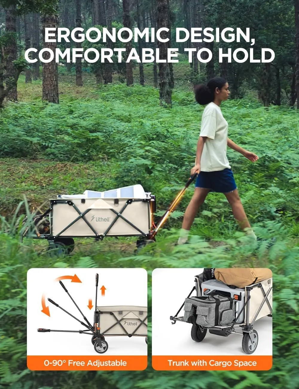 Litheli Electric Utility Wagon Cart, 200L Capacity, 300 lbs Load, Foldable Heavy-Duty Design with All-Terrain Wheels, Variable Speed Drive & Battery Power for Camping, Beach, Garden & Shopping