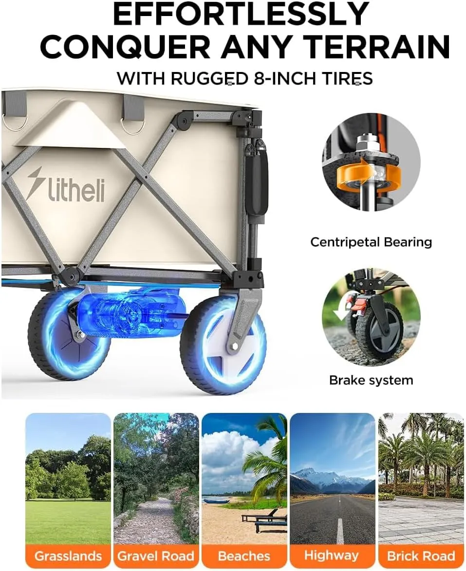 Litheli Electric Utility Wagon Cart, 200L Capacity, 300 lbs Load, Foldable Heavy-Duty Design with All-Terrain Wheels, Variable Speed Drive & Battery Power for Camping, Beach, Garden & Shopping