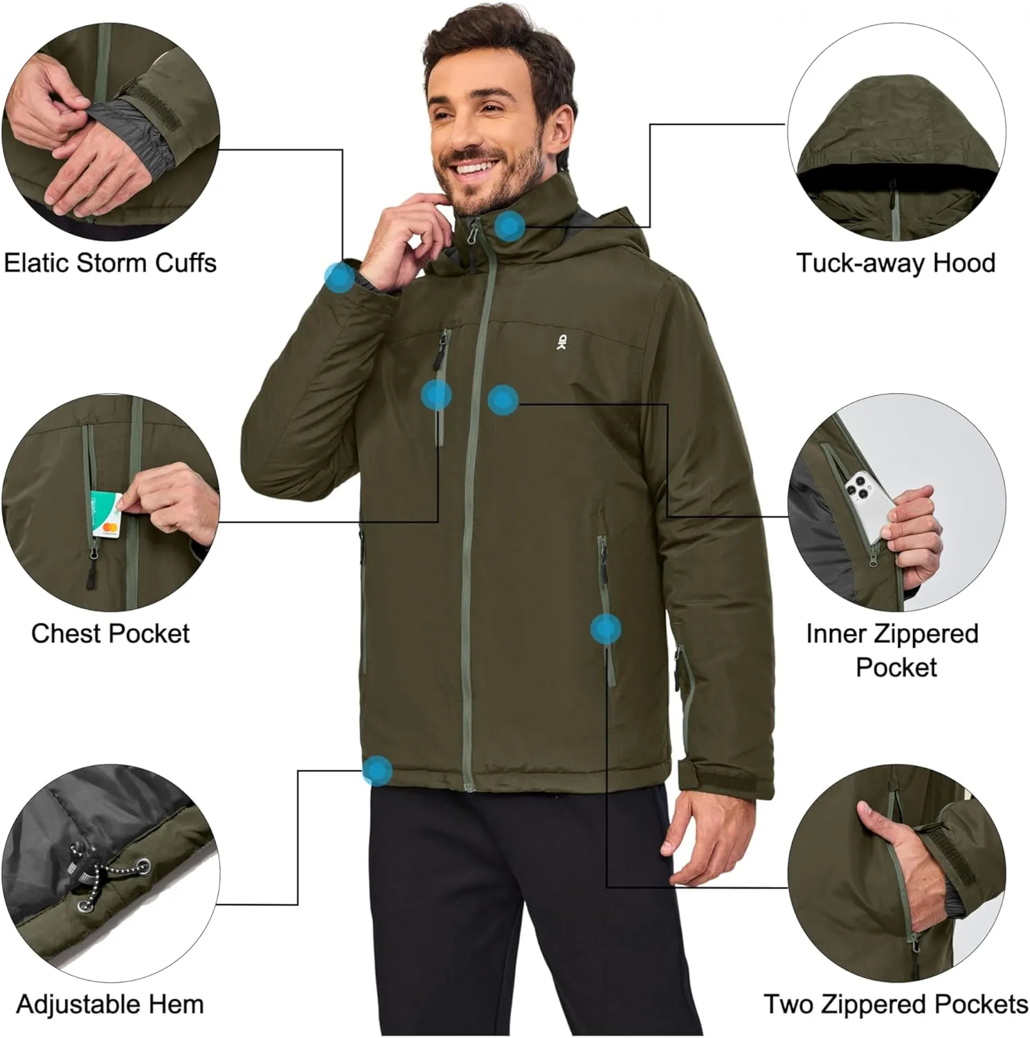 Little Donkey Andy Men's Lightweight Winter Jacket Hooded Windproof Warm Insulated Jacket for Ski Hiking