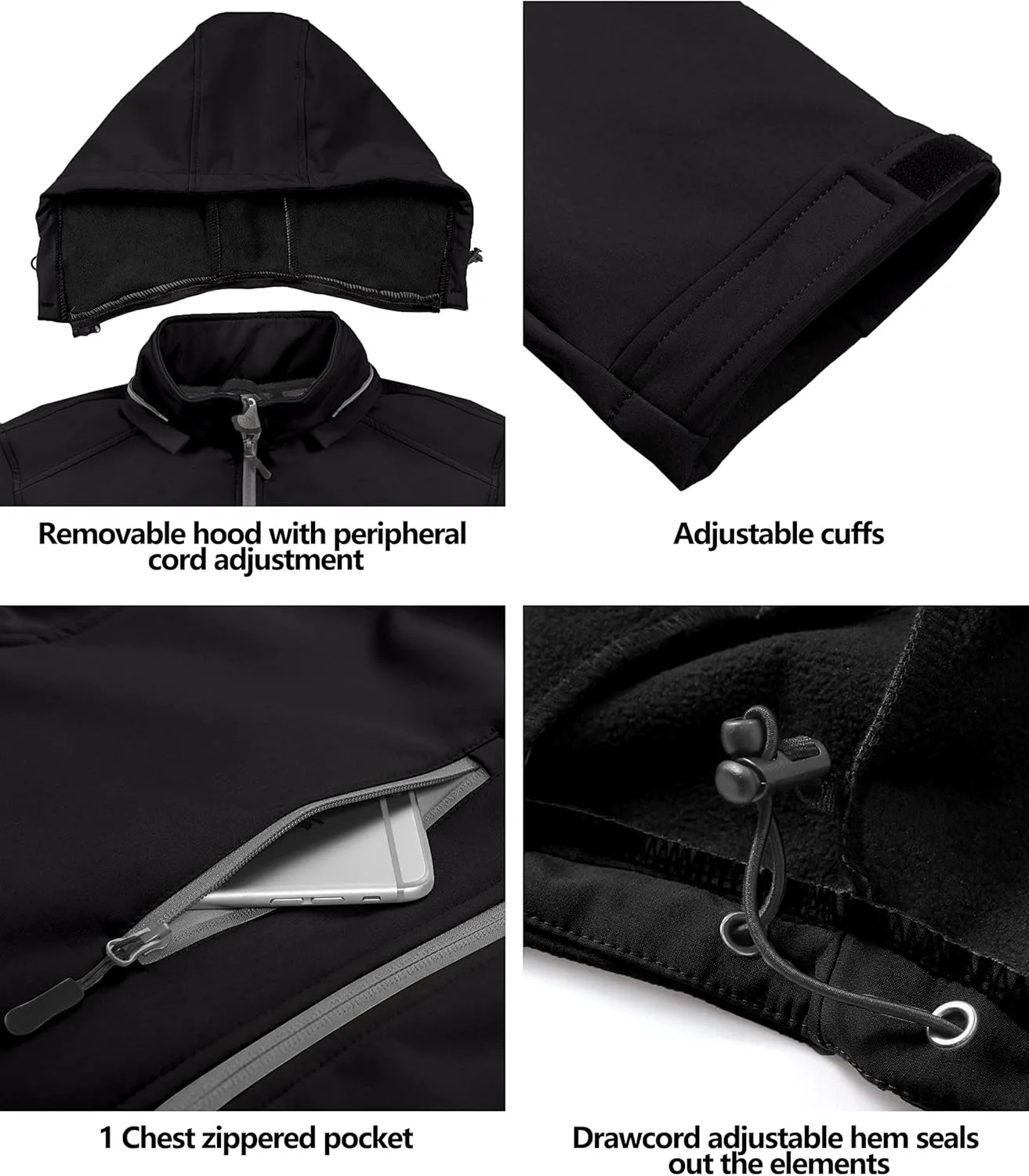 Little Donkey Andy Men’s Softshell Jacket with Removable Hood, Fleece Lined