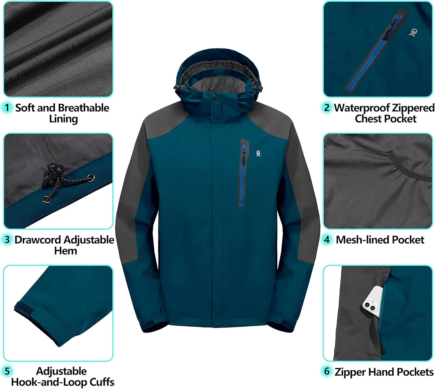 Little Donkey Andy Men's Waterproof Rain Jacket with Detachable Hood Outdoor Raincoat for Hiking Travel Cycling