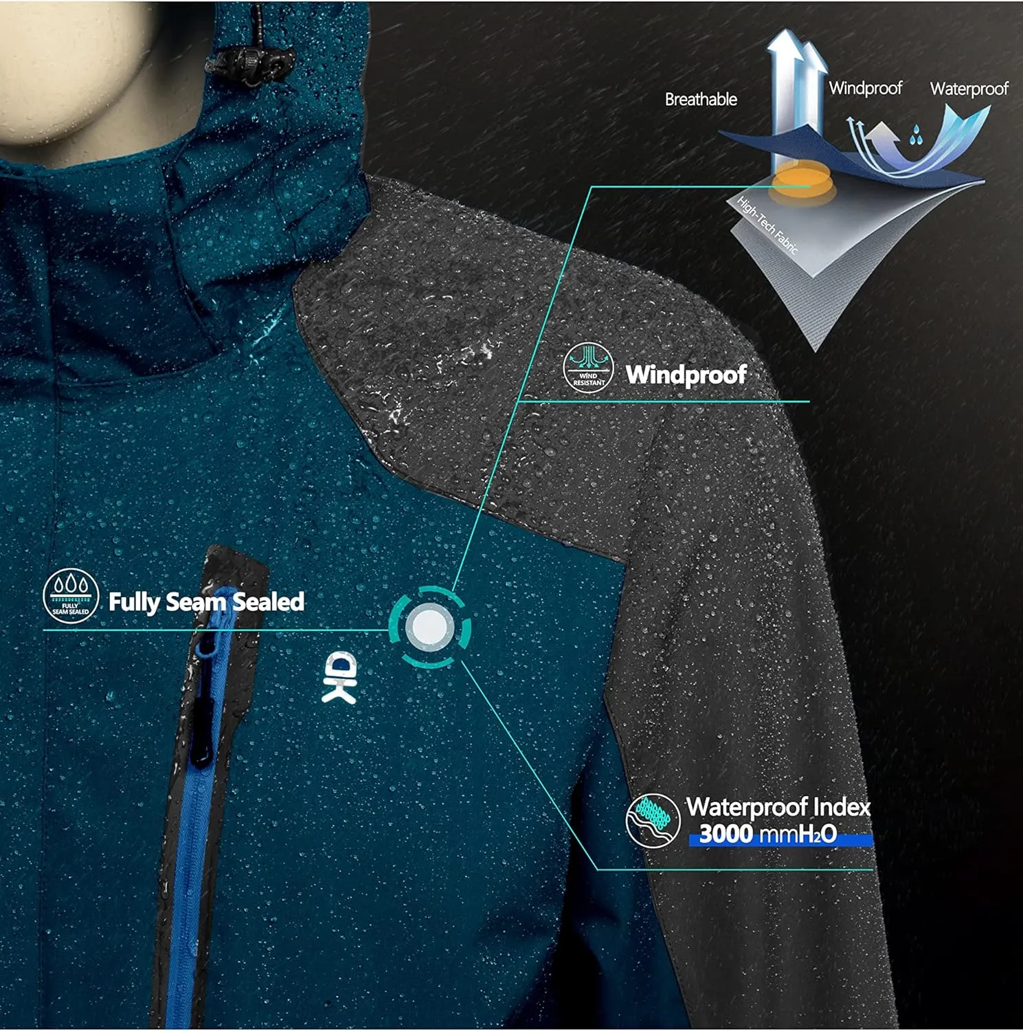 Little Donkey Andy Men's Waterproof Rain Jacket with Detachable Hood Outdoor Raincoat for Hiking Travel Cycling