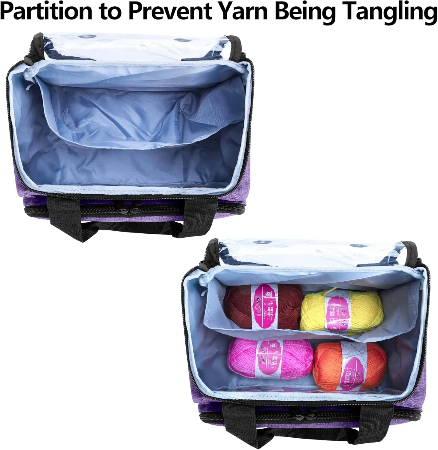 LoDrid Small Yarn Storage Bag with 2 Grommets, Portable Knitting Tote for Knitting Kit & Crochet Accessories, Yarn Project Organizer for Knitting Supplies Set for Adults, Purple (Bag Only)