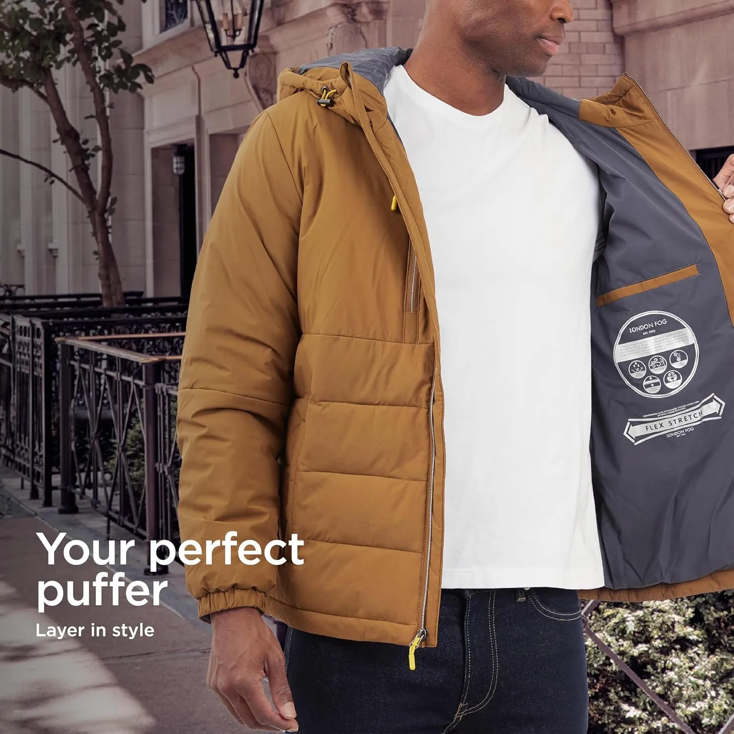 LONDON FOG Men's Stretch Hooded Puffer