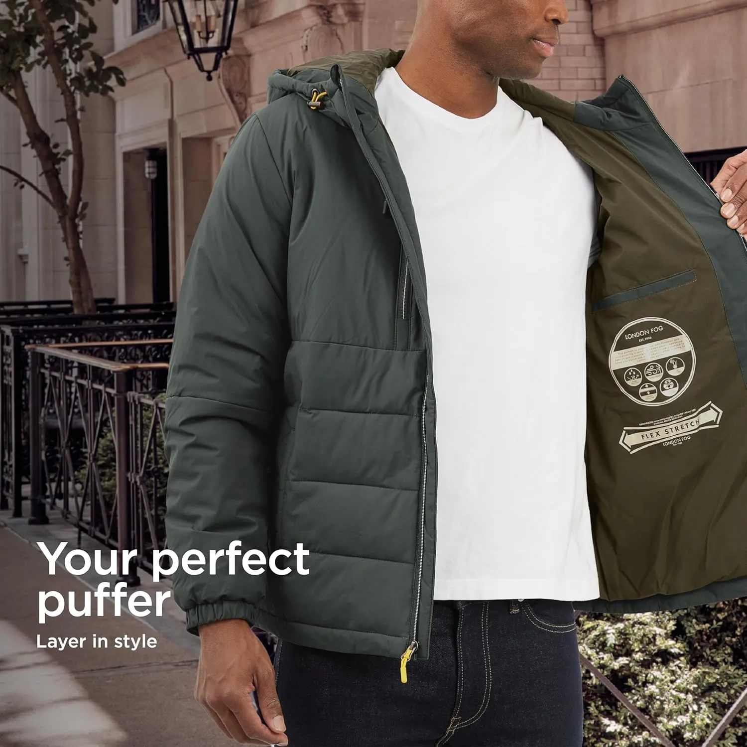 LONDON FOG Men's Stretch Hooded Puffer
