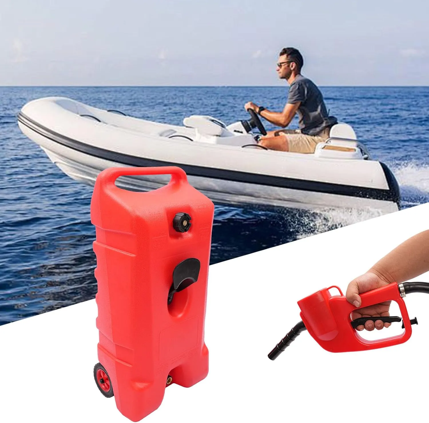 LOYALHEARTDY Gas Tank Pump, 20 Gallon Gas Caddy Portable Gas Fuel Tank Container Caddy With Pump & 10 Foot Long Hose, Rolling Fuel Caddy Outboard Fuel Tanks Marine Gas Tank, Red