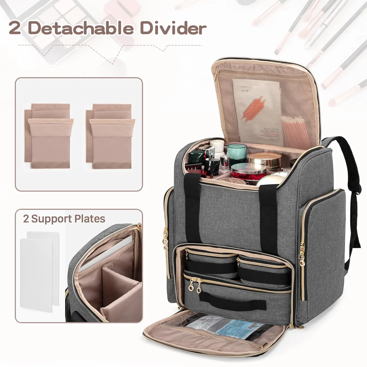 LUXJA Makeup Backpack with 3 Removable Cases and 1 Makeup Brush Bag, Large Makeup Bag Cosmetic Bag with Multiple Storage Sections (Patented), Gray