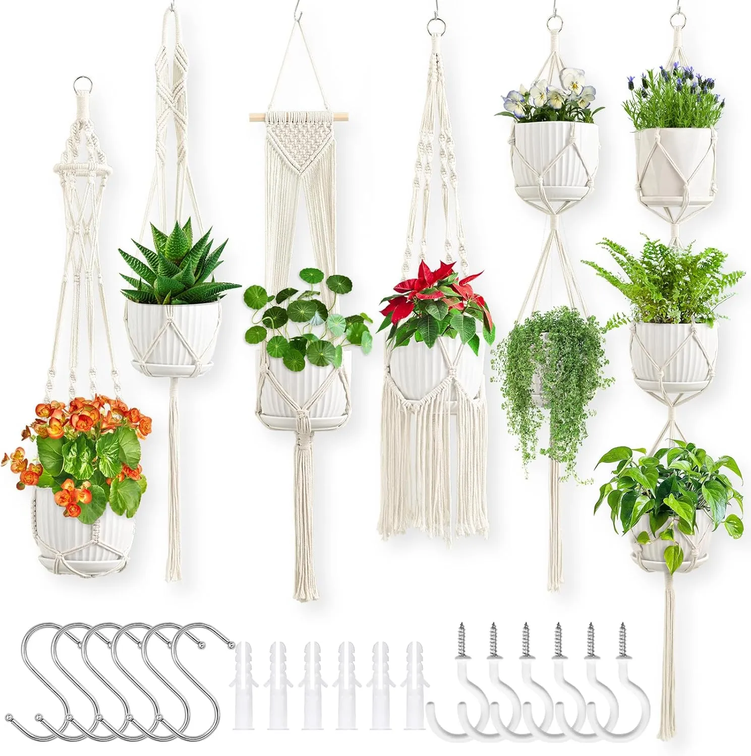 Macrame Plant Hangers, 6Pack Hanging Plant Holders Indoor w/ 6 Set Hooks Handmade Cotton Rope Plant Hangers Set Flower Pots Holder Stand Boho Home Decor Hanging Planters for Indoor Outdoor Plants
