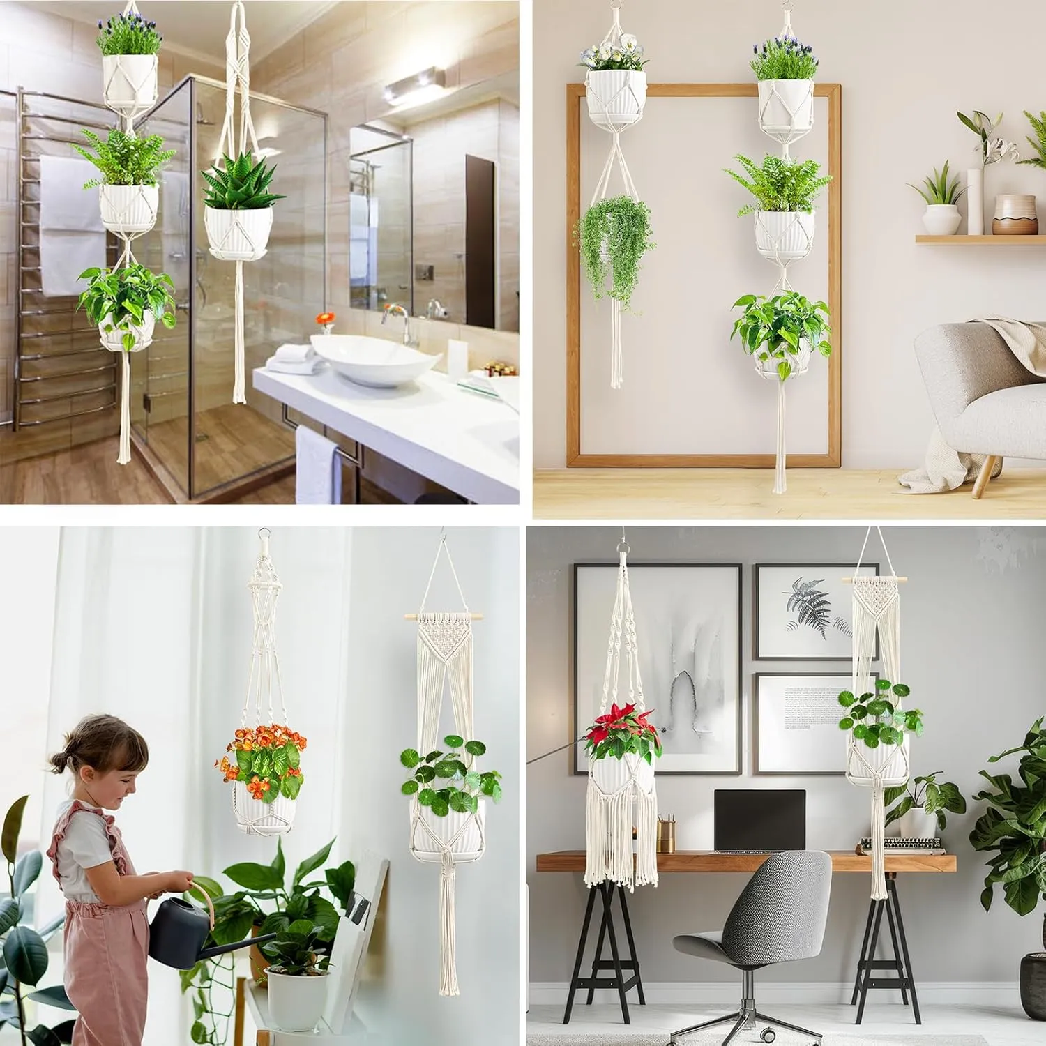 Macrame Plant Hangers, 6Pack Hanging Plant Holders Indoor w/ 6 Set Hooks Handmade Cotton Rope Plant Hangers Set Flower Pots Holder Stand Boho Home Decor Hanging Planters for Indoor Outdoor Plants
