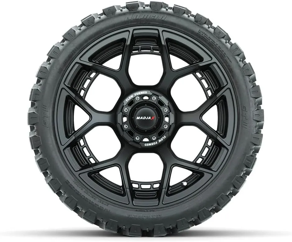 MadJax Evolution Matte Black 15" Lifted Golf Cart Wheels Mounted on 23" GTW Nomad Steel Belted Radial All-Terrain Tires (23x10-15) | Set of 4