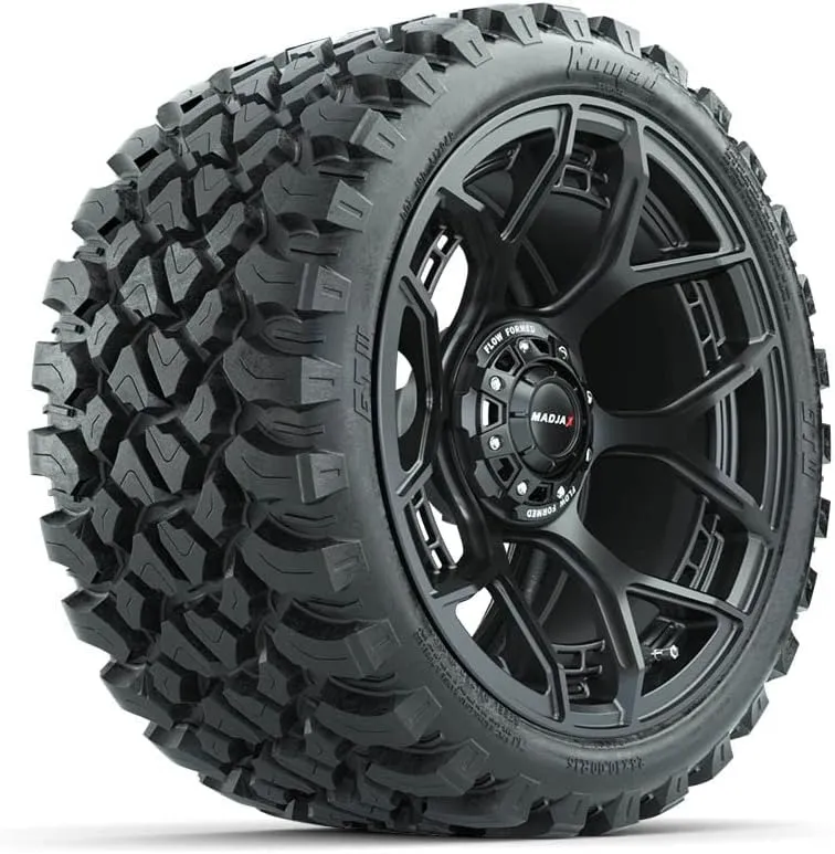 MadJax Evolution Matte Black 15" Lifted Golf Cart Wheels Mounted on 23" GTW Nomad Steel Belted Radial All-Terrain Tires (23x10-15) | Set of 4