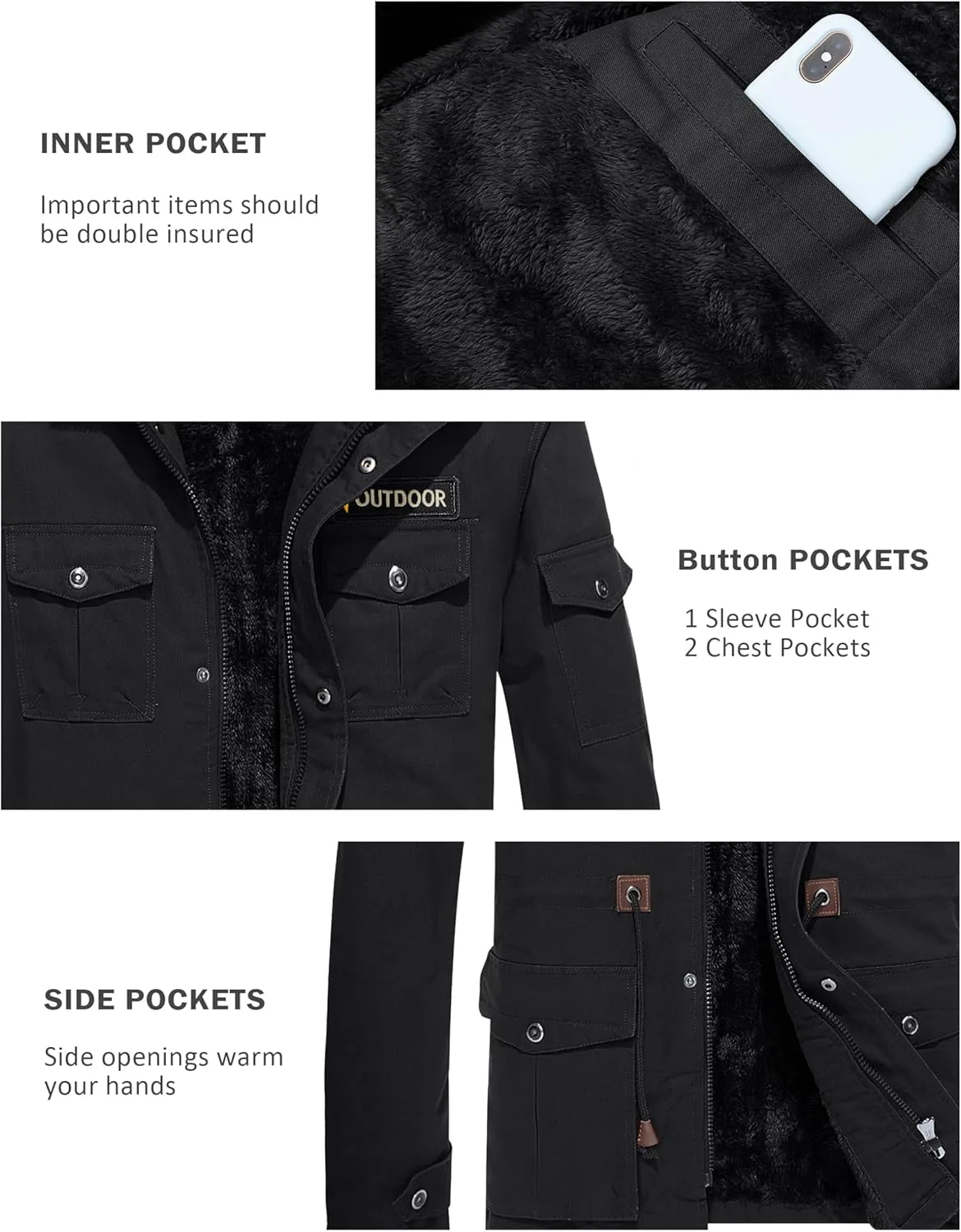 MAGCOMSEN Men's Winter Coat Military Jacket Fleece Lined Parka Cotton Cargo Jacket