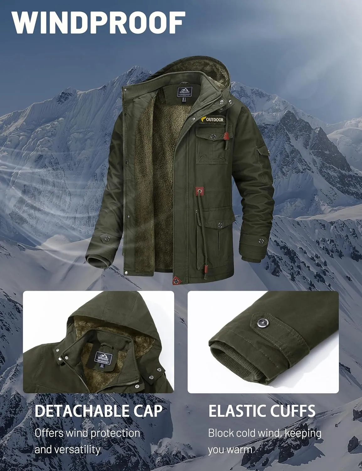 MAGCOMSEN Men's Winter Coat Military Jacket Fleece Lined Parka Cotton Cargo Jacket
